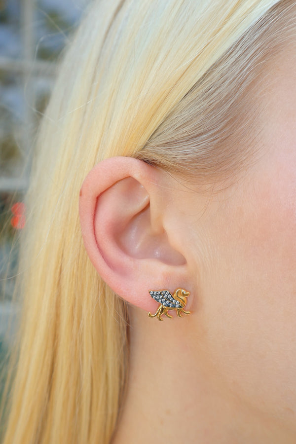 18k yellow gold Il leone studs with diamonds by Sorellina NYC Tiny Gods lion earrings