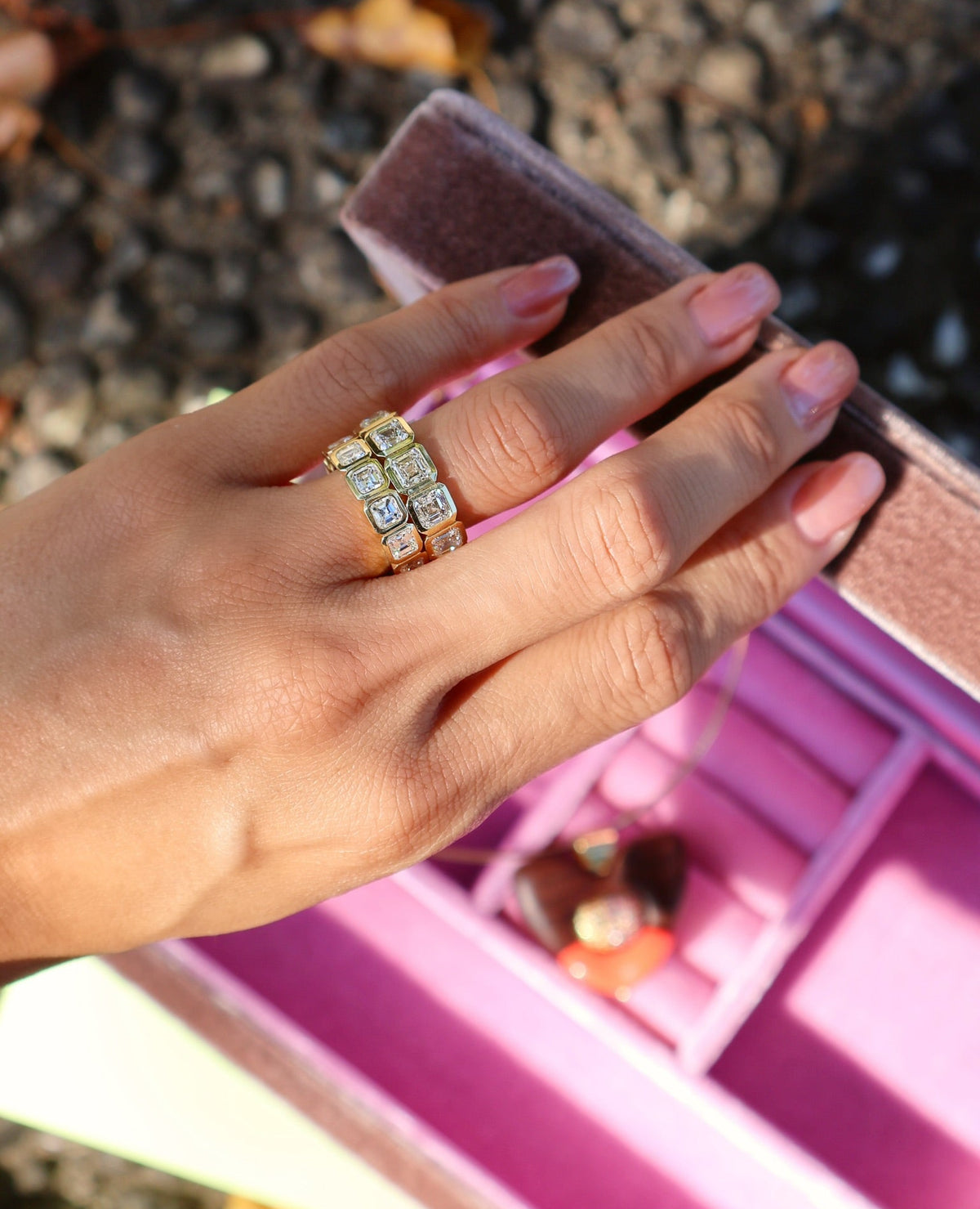 18k yellow gold bezel asscher cut diamond eternity band by Tiny Gods 6cts, 6.5cts 6.73cts