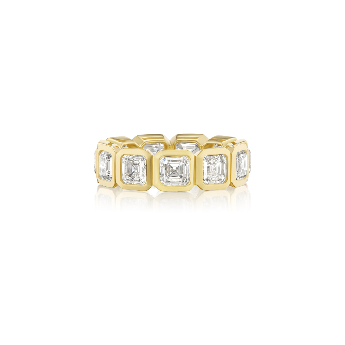 18k yellow gold bezel asscher cut diamond eternity band by Tiny Gods 6cts, 6.5cts 6.73cts