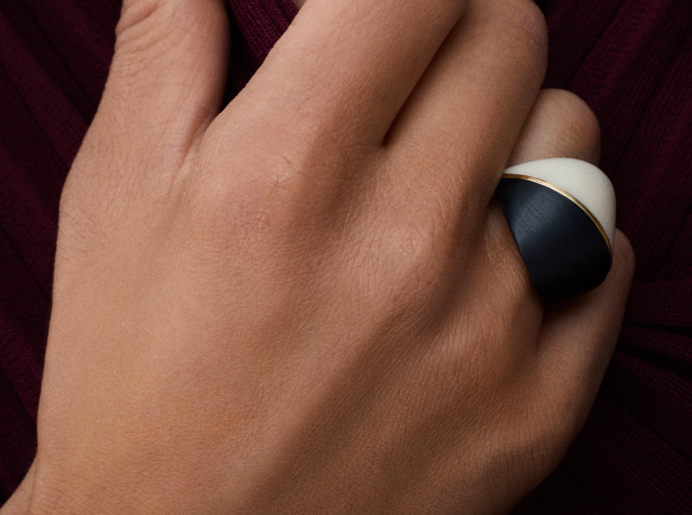 18k yellow gold white tagua and ebony Armour ring by Fernando Jorge Tiny Gods 