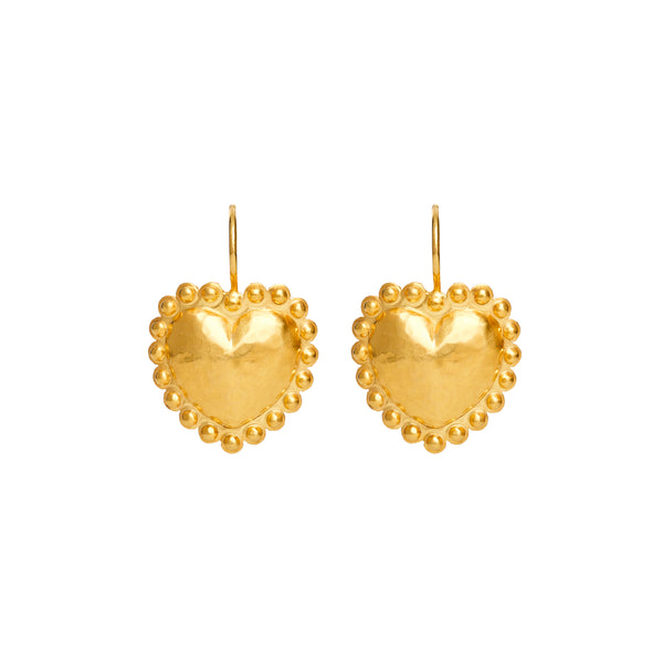 18k yellow gold small dot heart earrings on French wire by Christina Alexiou Tiny Gods 