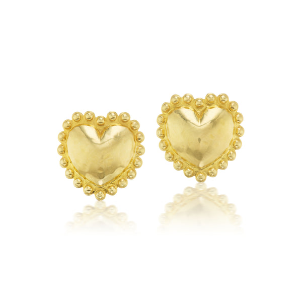 18k yellow gold small dot heart stud earrings by Christina Alexiou Tiny Gods 