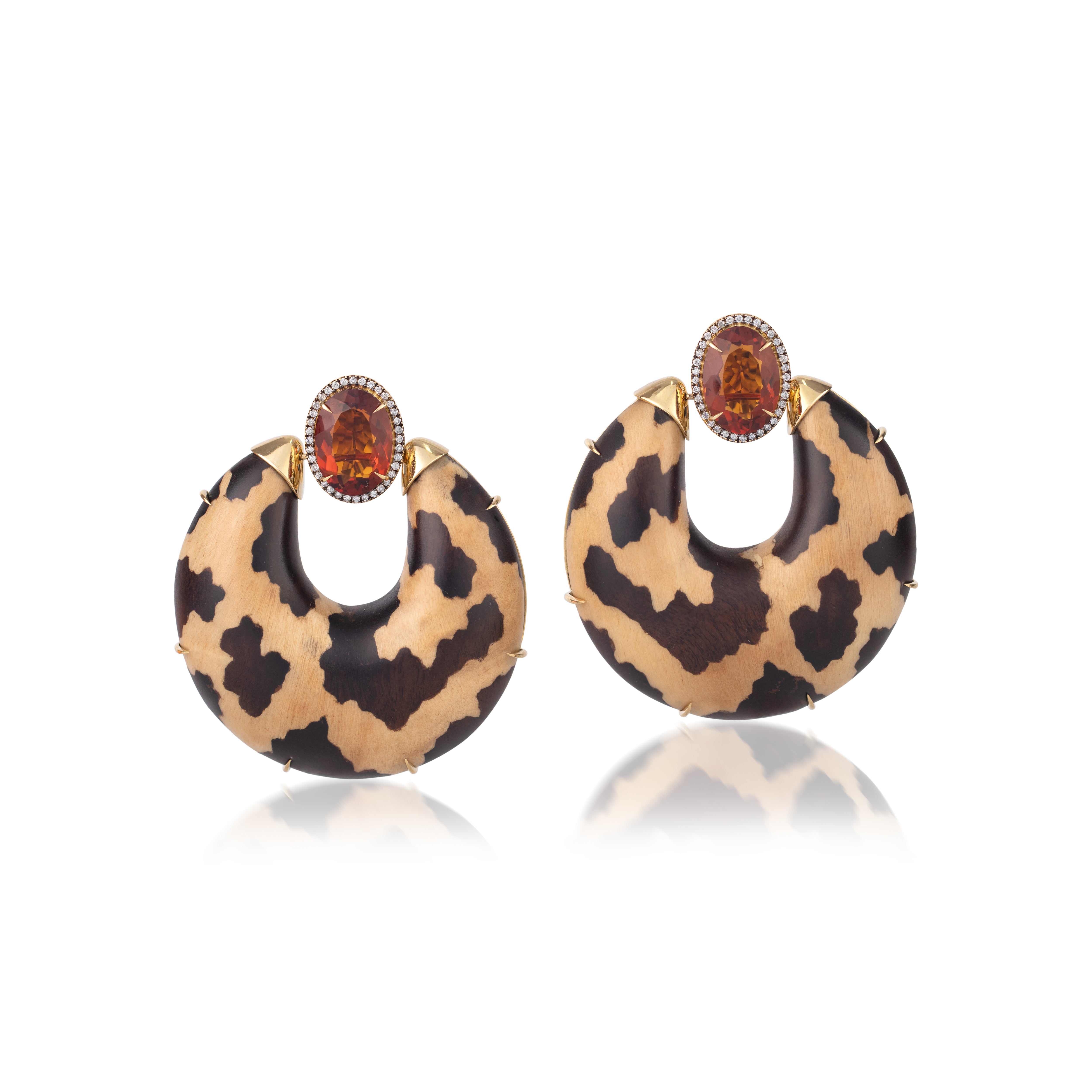 18k yellow gold leopard print marquetry wood door knocker earrings with rio grande citirne and diamonds by Silvia Furmanovich Tiny Gods 