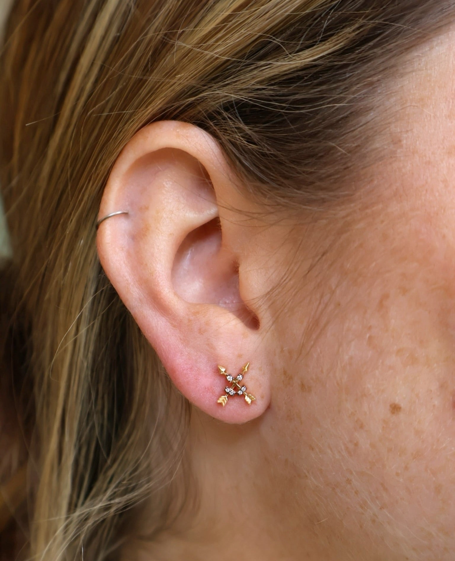 18k yellow gold Crossed Arrow Studs with diamonds by Sorellina Tiny Gods