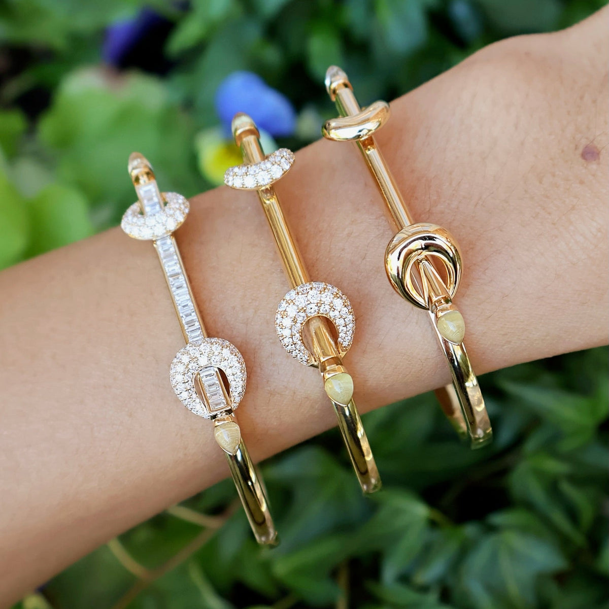 18k yellow gold baguette diamond chakra icon bangle bracelet by Ananya Tiny Gods