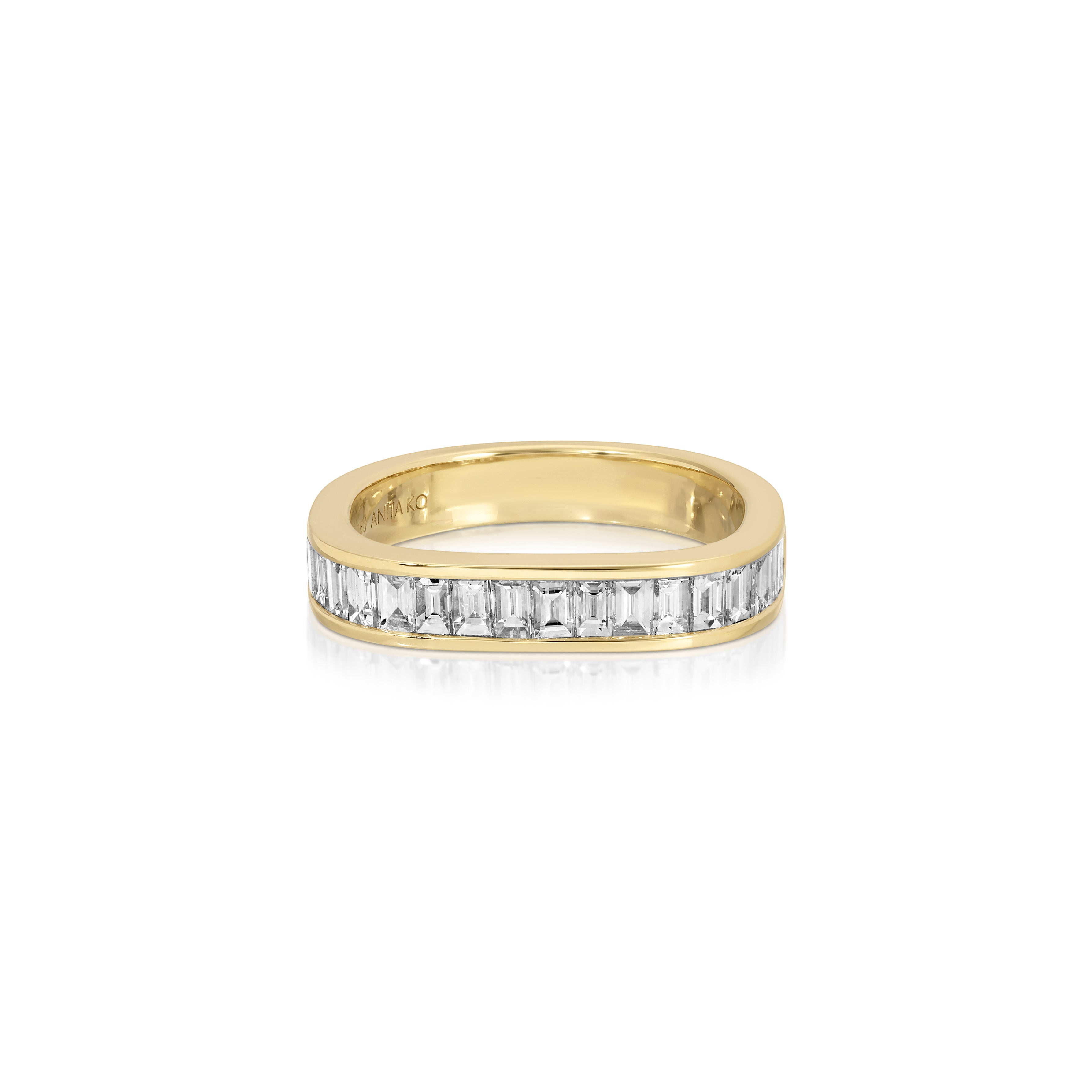 18k yellow gold diamond baguette channel set square ring by Anita Ko Tiny Gods 