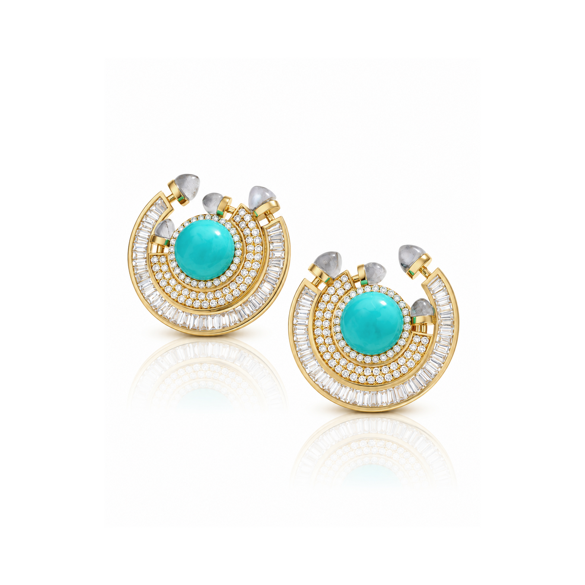 18k yellow gold baguette diamond turquoise chakra earrings by Ananya Tiny Gods