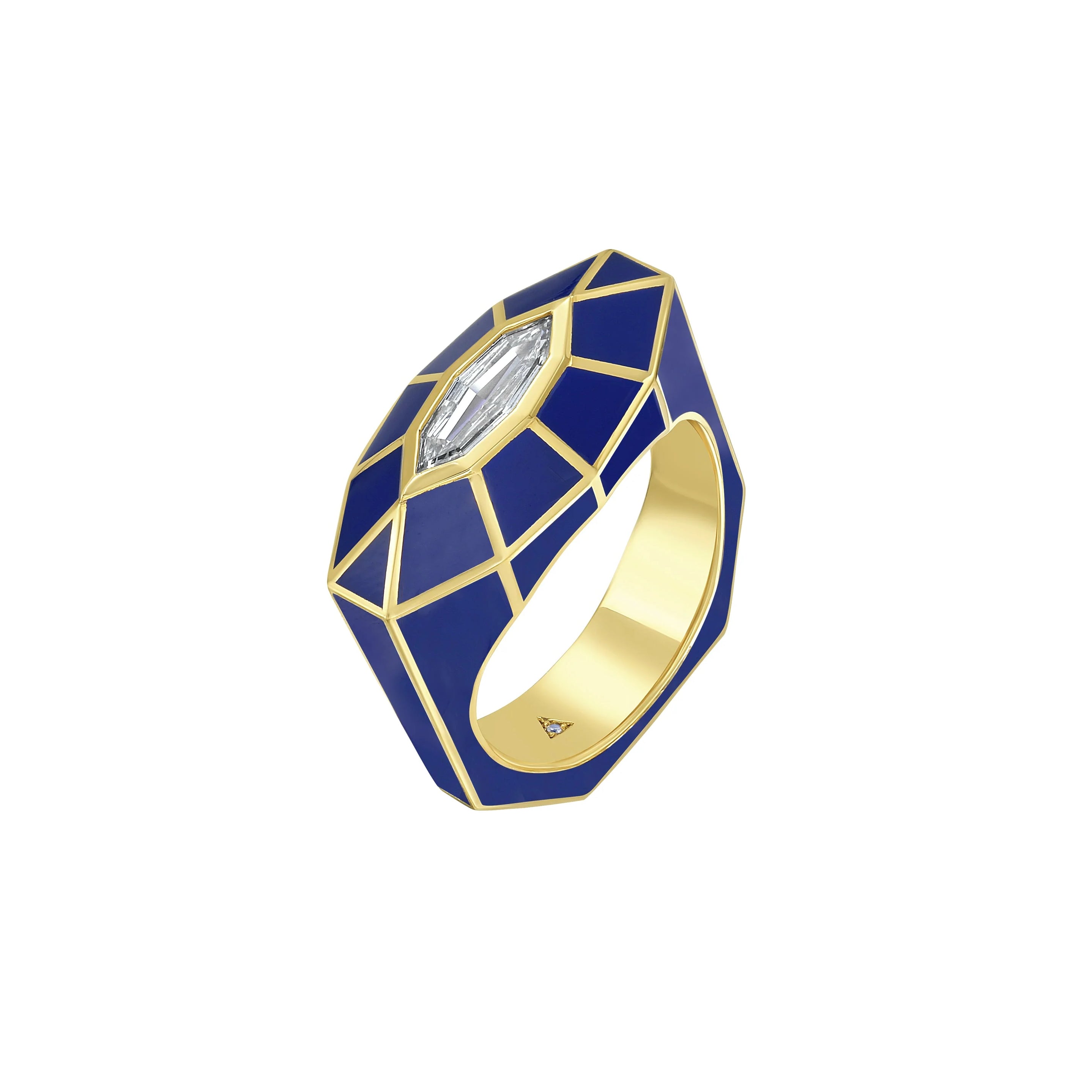 18k yellow gold solitaire diamond luxor ring blue enamel by Tiny Gods
