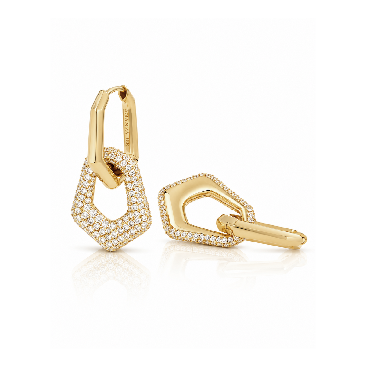 18k yellow gold peave diamond geometric hoop drop earrings by Ananya Tiny Gods