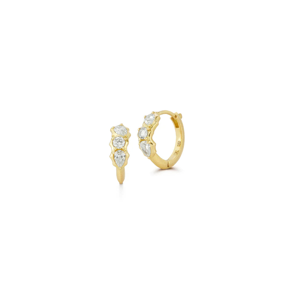 18k yellow gold diamond posey huggie earrings by Jade Trau Tiny Gods 