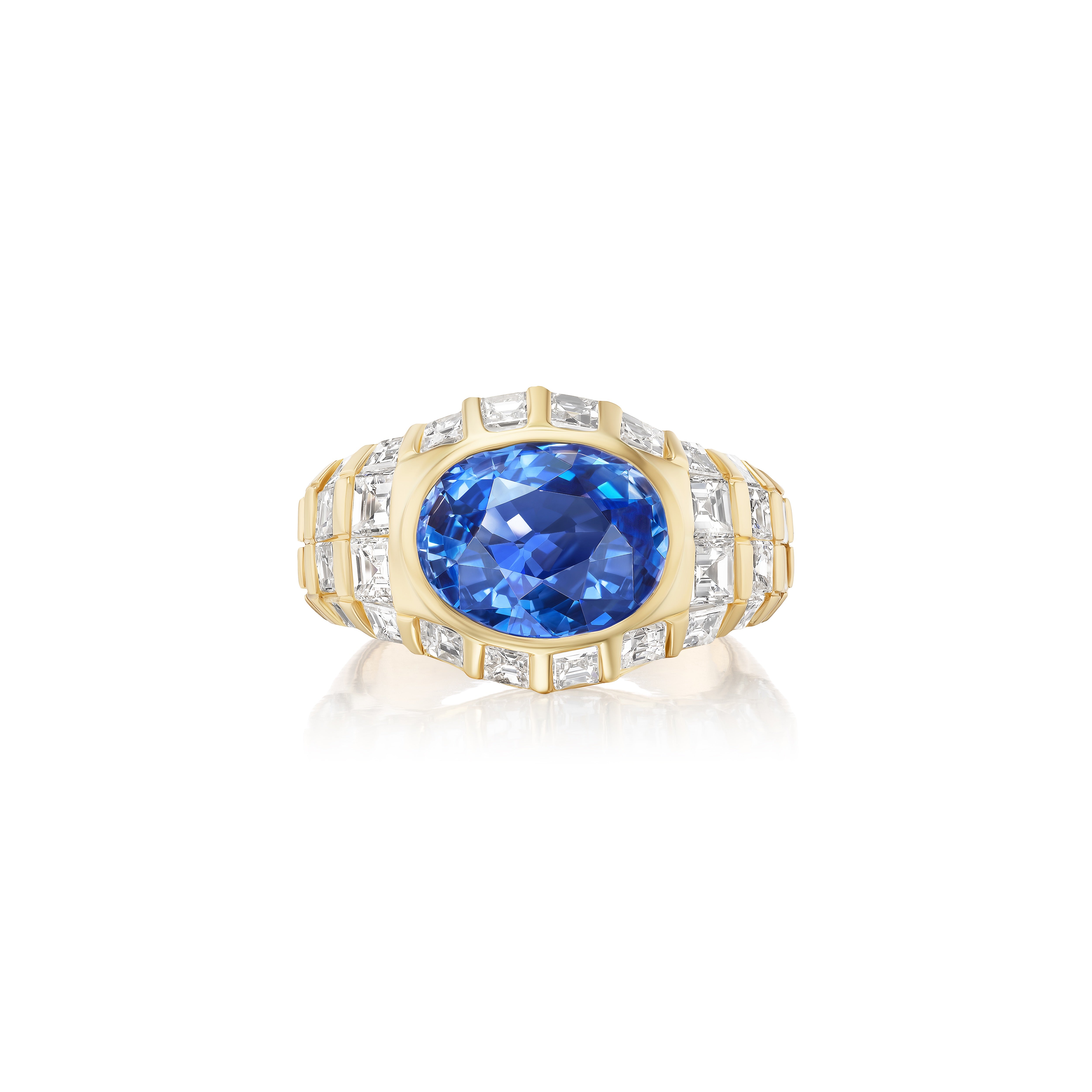 18k yellow gold carre cut diamond and oval blue sapphire bombe statement ring Vintage Tiny Gods