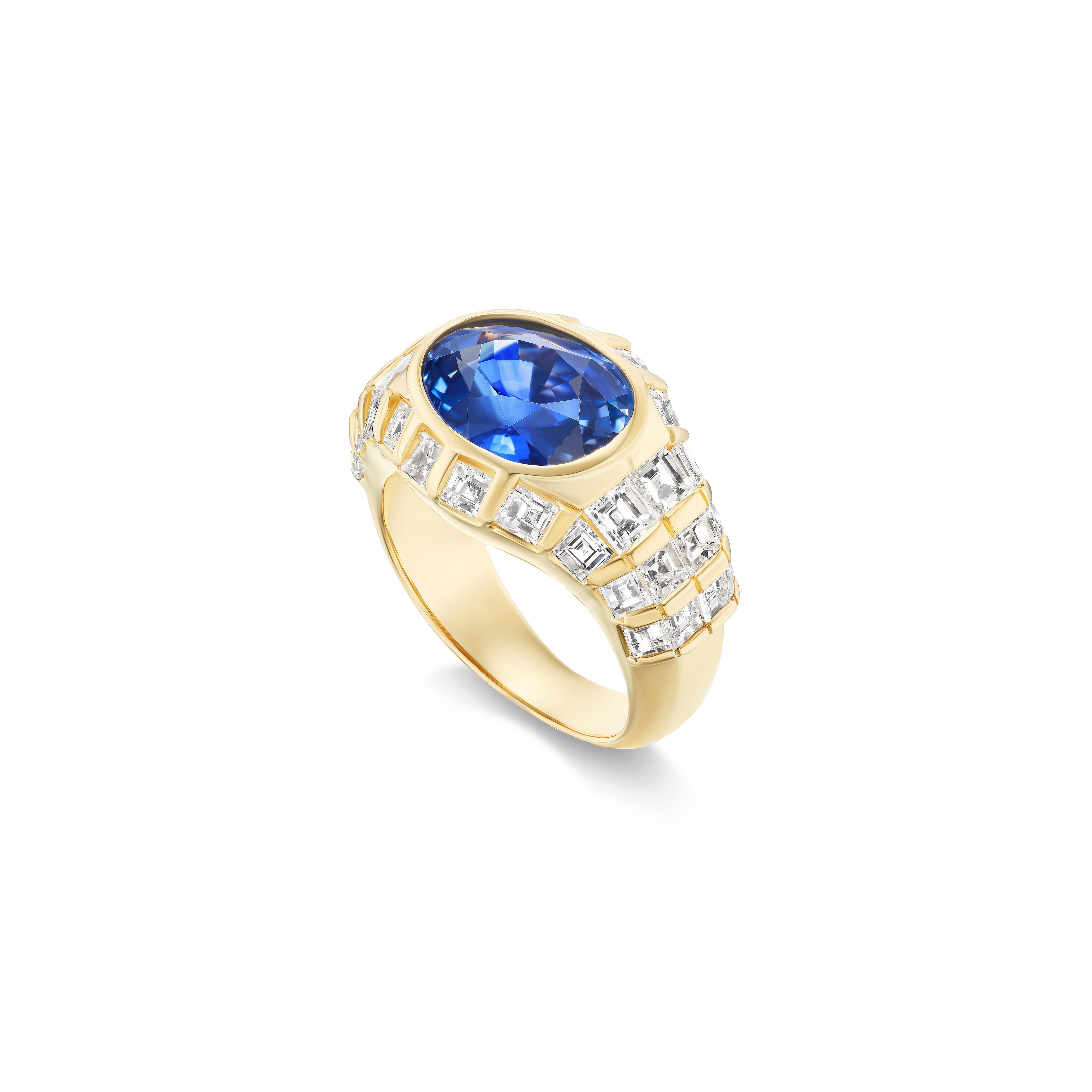 18k yellow gold carre cut diamond and oval blue sapphire bombe statement ring Vintage Tiny Gods