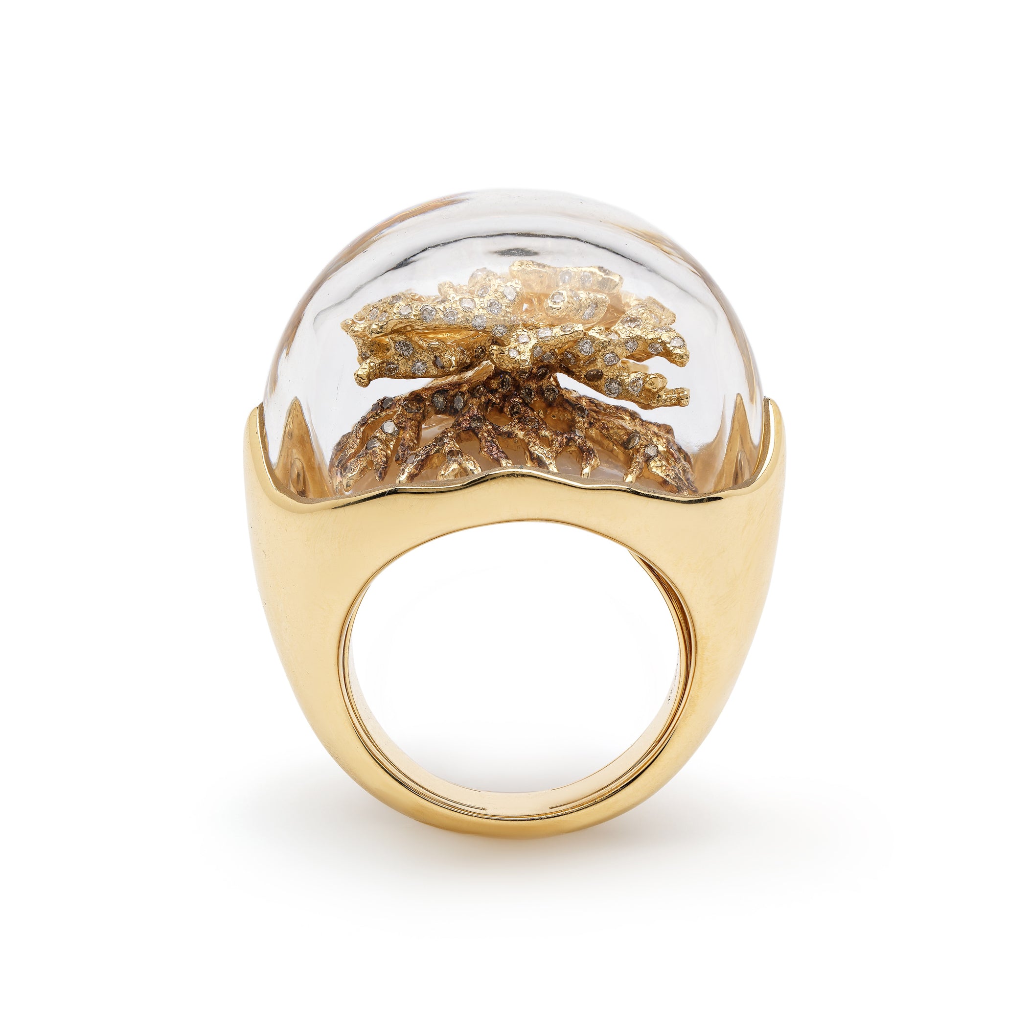 18k yellow gold white and brown diamond encrusted tree of life mother of pearl terrarium dome rocky crystal ring by Bibi van der velden Tiny Gods 