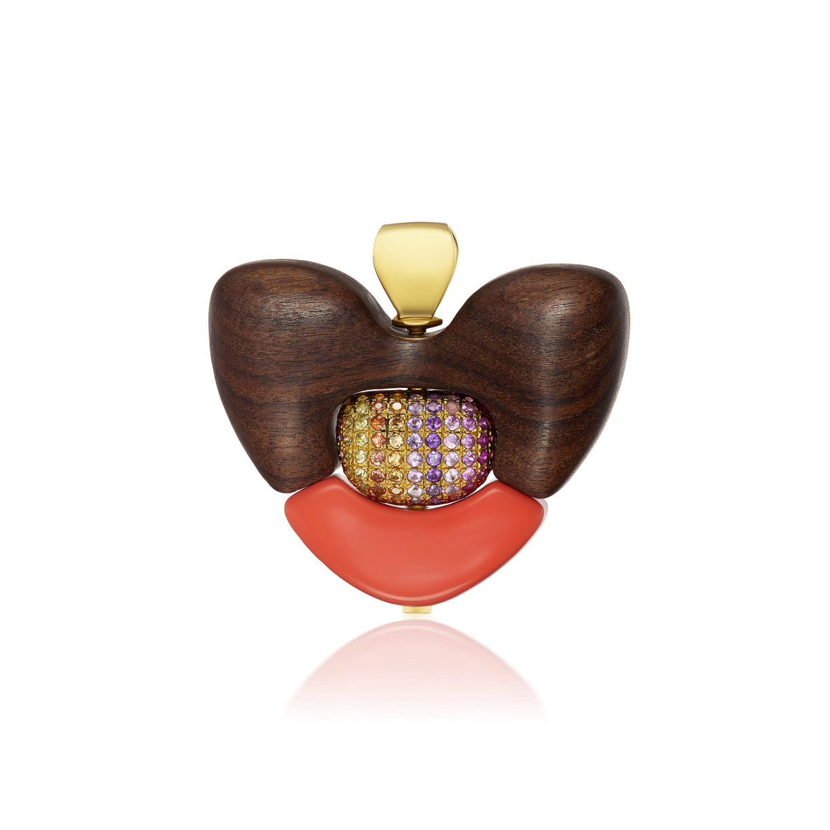 18k yellow gold ebony wood heart totem pendant with rainbow sapphire and coral elements by Joelle Kharrat Tiny Gods 