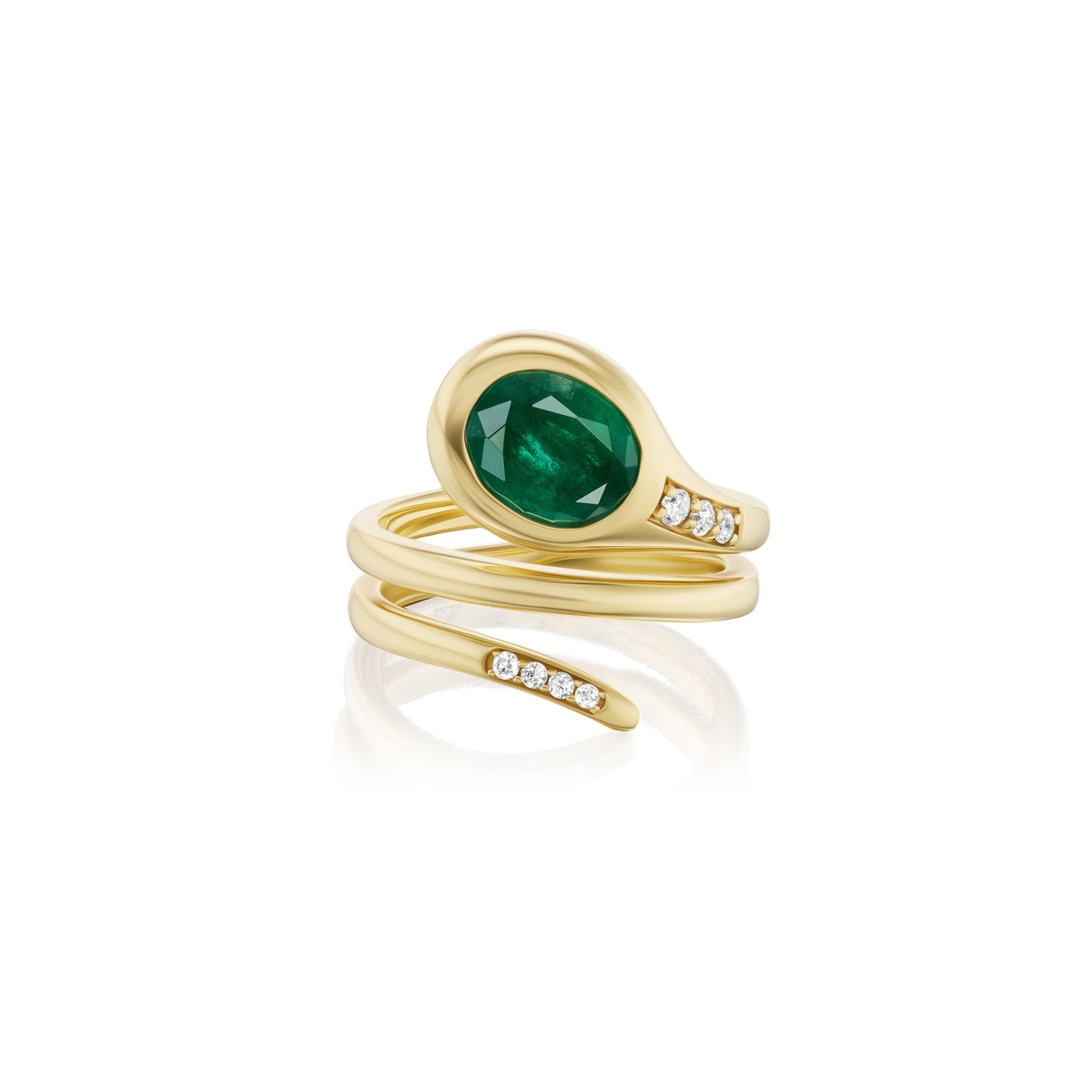 18k yellow gold emerald diamond wrap snake ring by Ruchi Tiny Gods