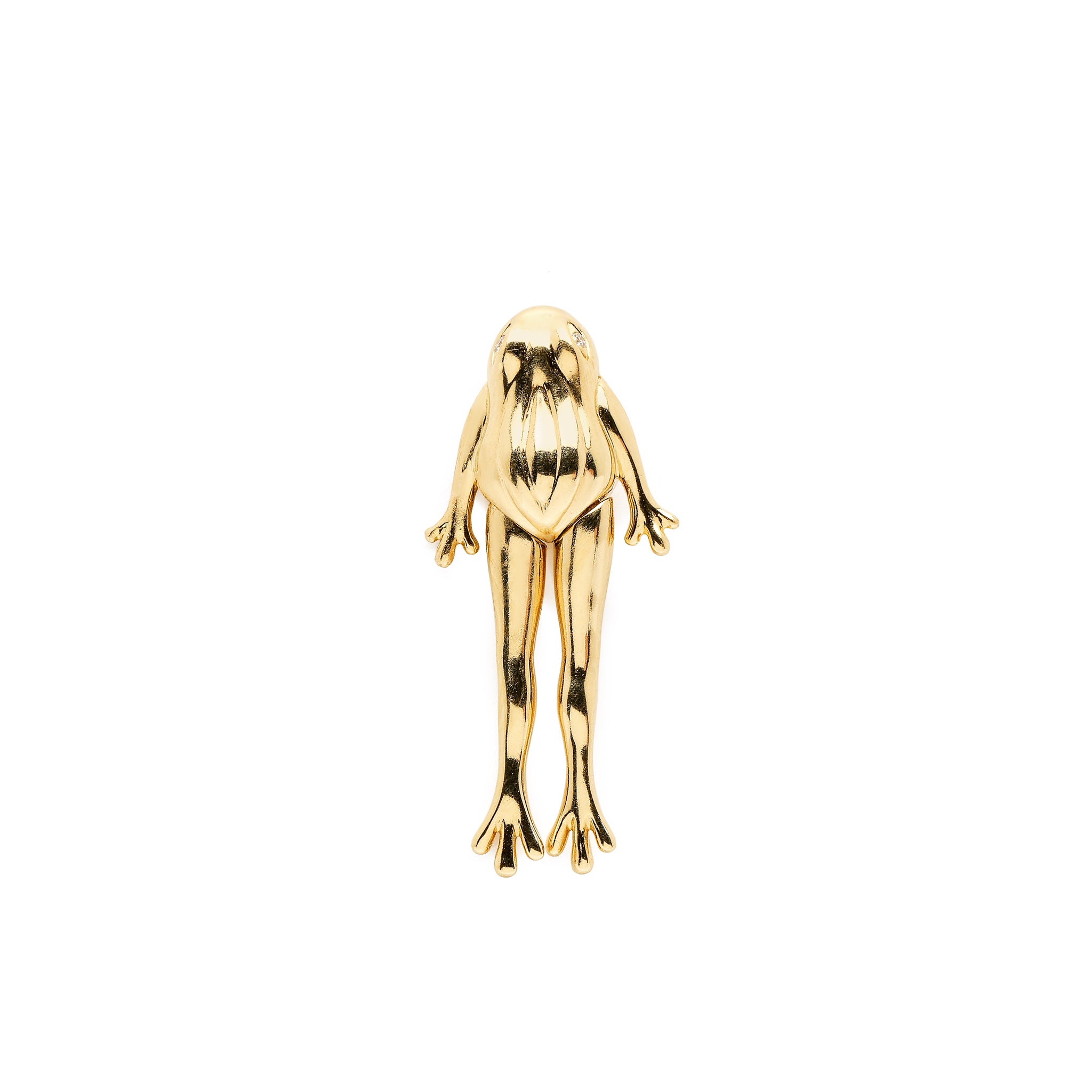 18k yellow gold articulated jumping hanging frog stud earring by Bibi van der Velden Tiny Gods