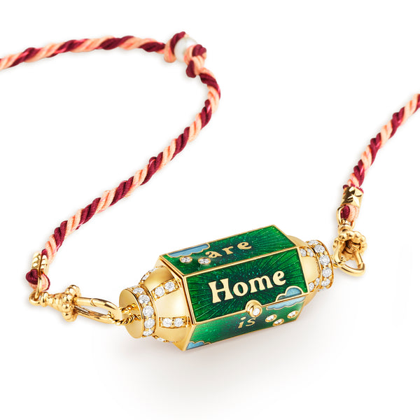 18k yellow gold home locket box "home is everywhere you are" with green enamel and diamonds with pink/red maul pearl cord pendant by Marie Lichtenberg Tiny Gods