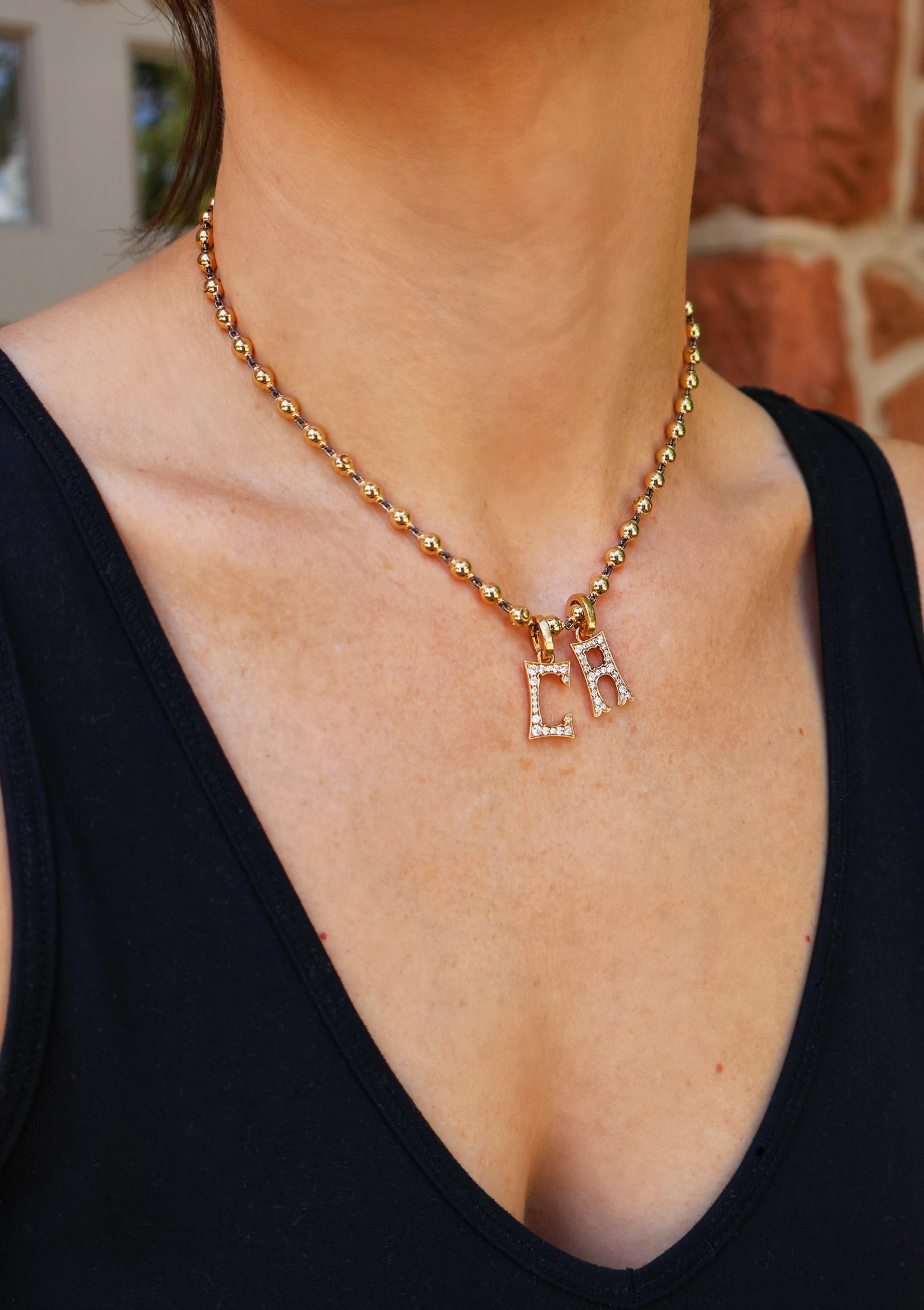 18k yellow gold italian made ball n chain with black rhodium link necklace by Crivelli Tiny Gods 
