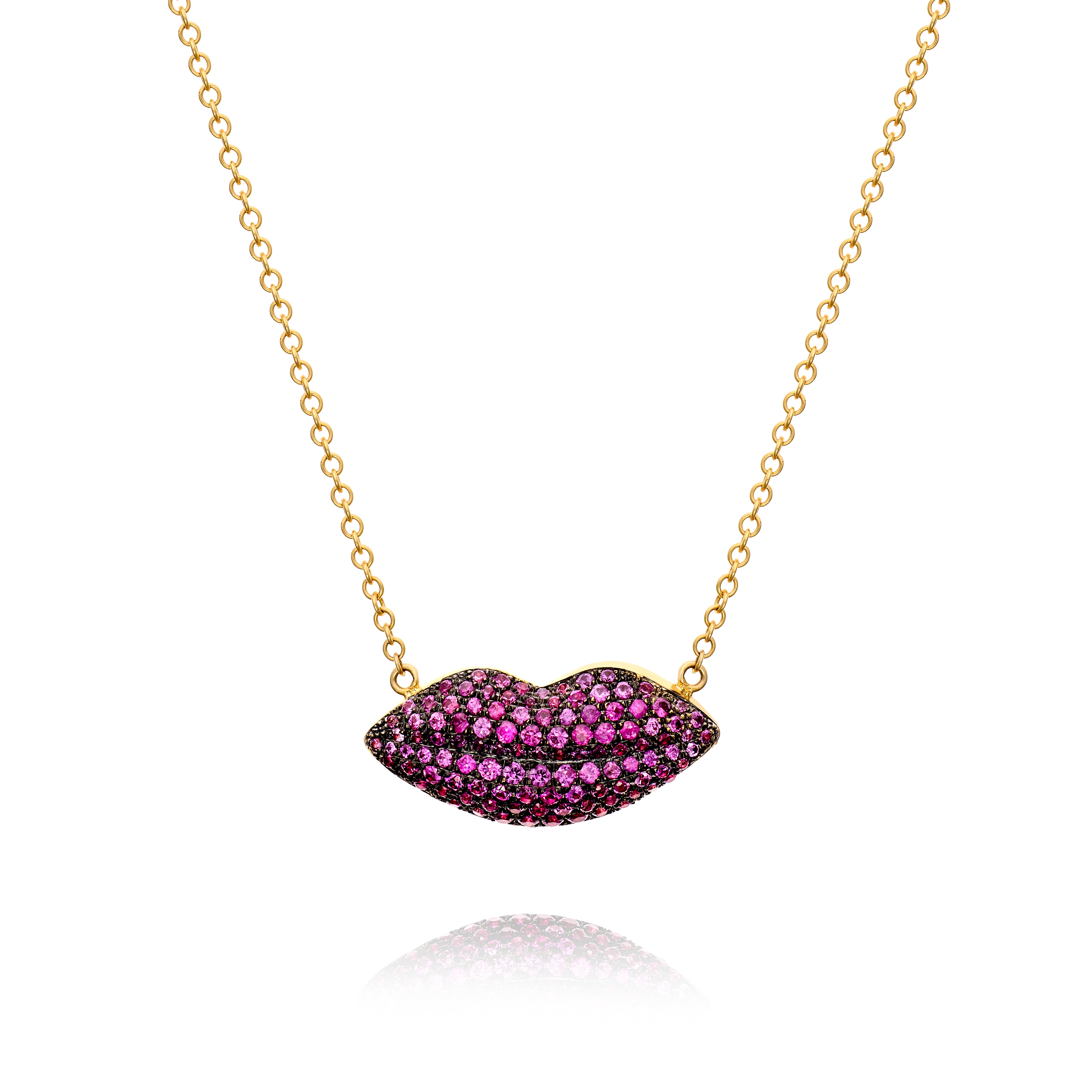 18k yellow gold mini kiss pink sapphire pave lips pendant necklace by Christina Alexiou Tiny Gods 