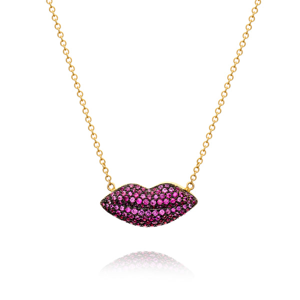 18k yellow gold mini kiss pink sapphire pave lips pendant necklace by Christina Alexiou Tiny Gods 