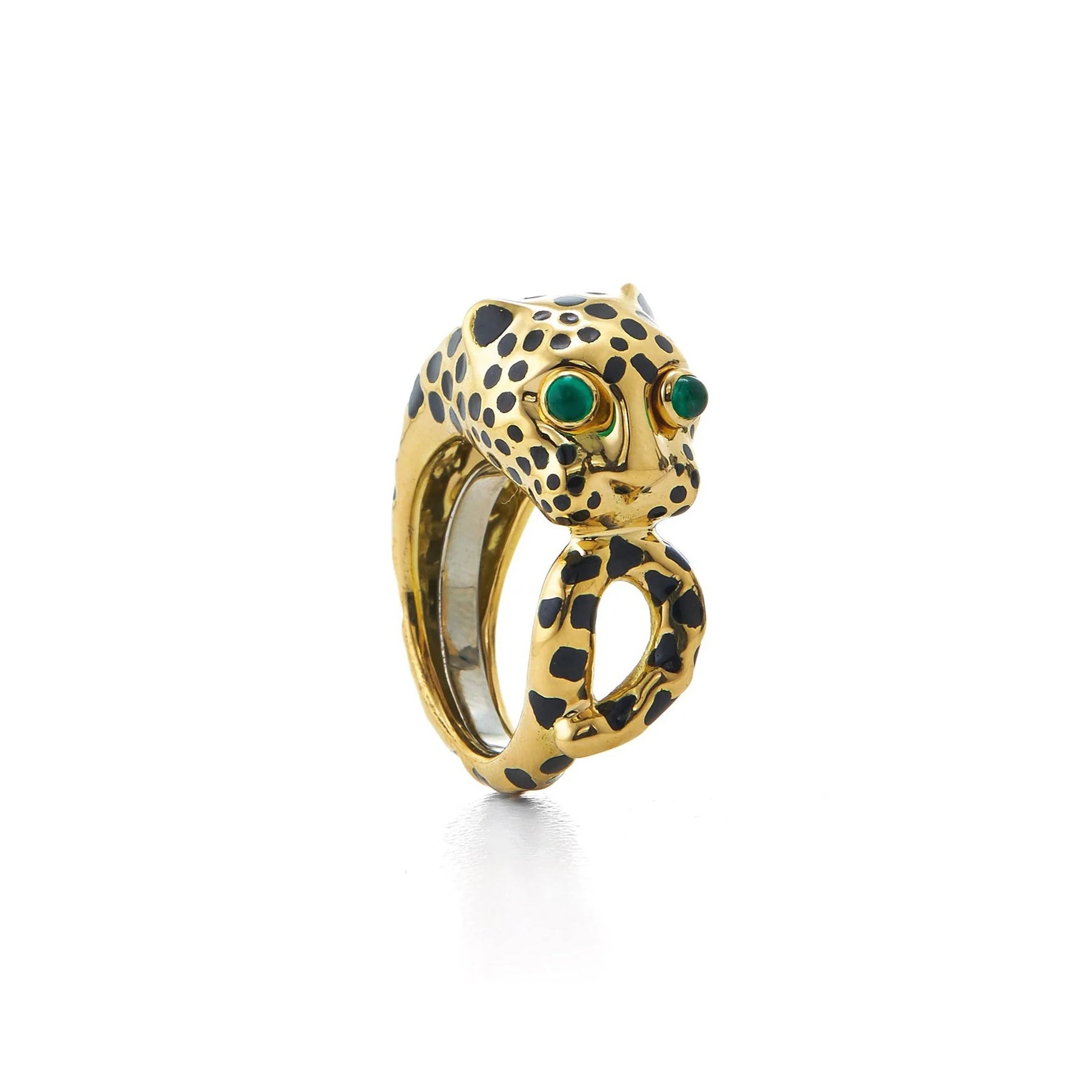 18k yellow gold looped tail leopard ring with black enamel spots and emerald cabochon eyes by David Webb Tiny Gods 