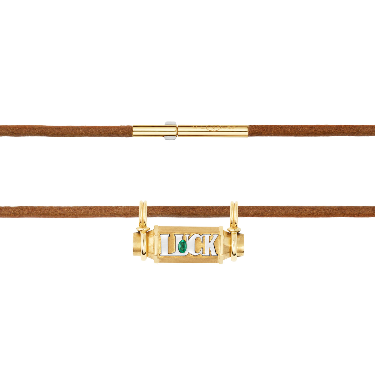 18k yellow gold emerald luck smash locket leather cord necklace by Marie Lichtenberg Tiny Gods