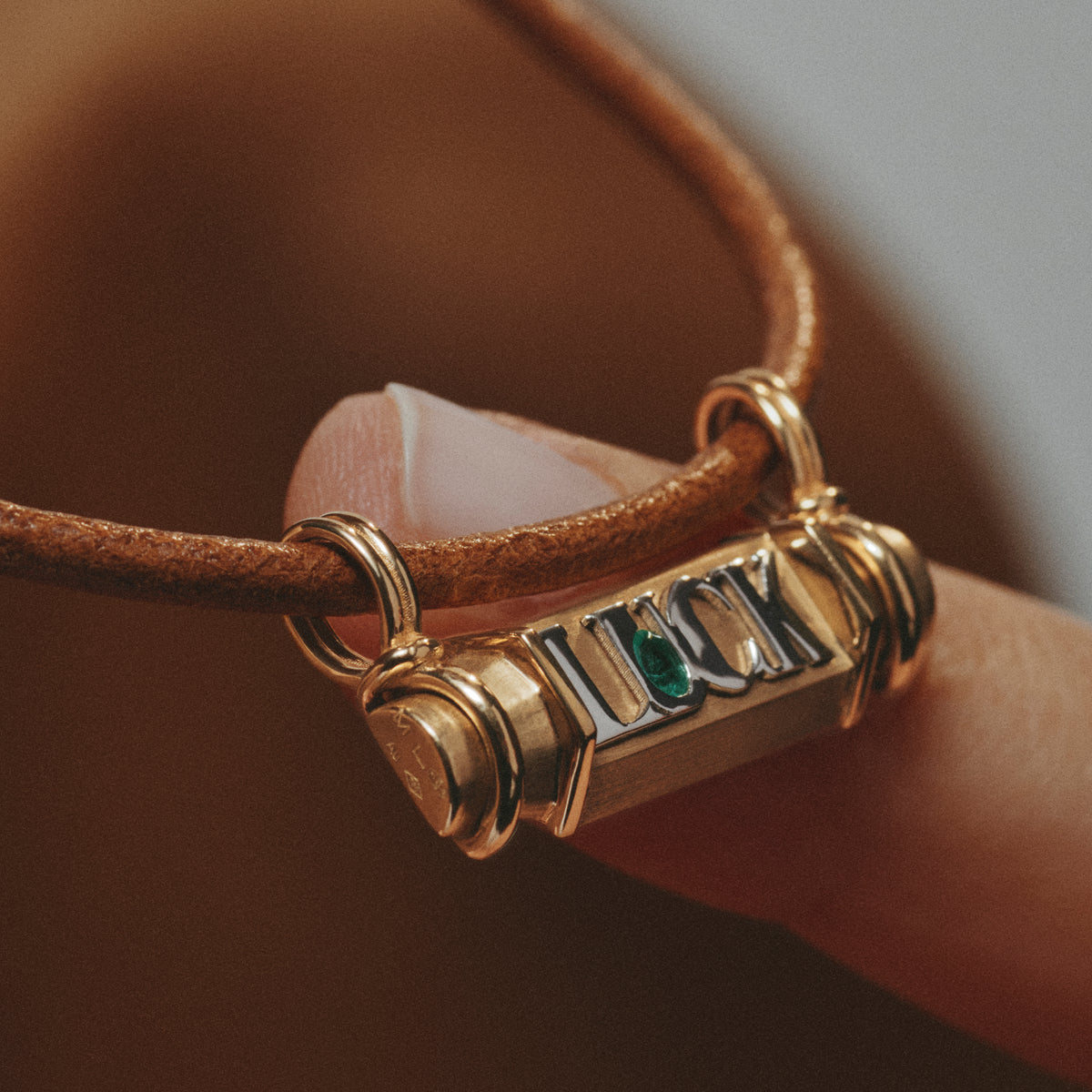 18k yellow gold emerald luck smash locket leather cord necklace by Marie Lichtenberg Tiny Gods