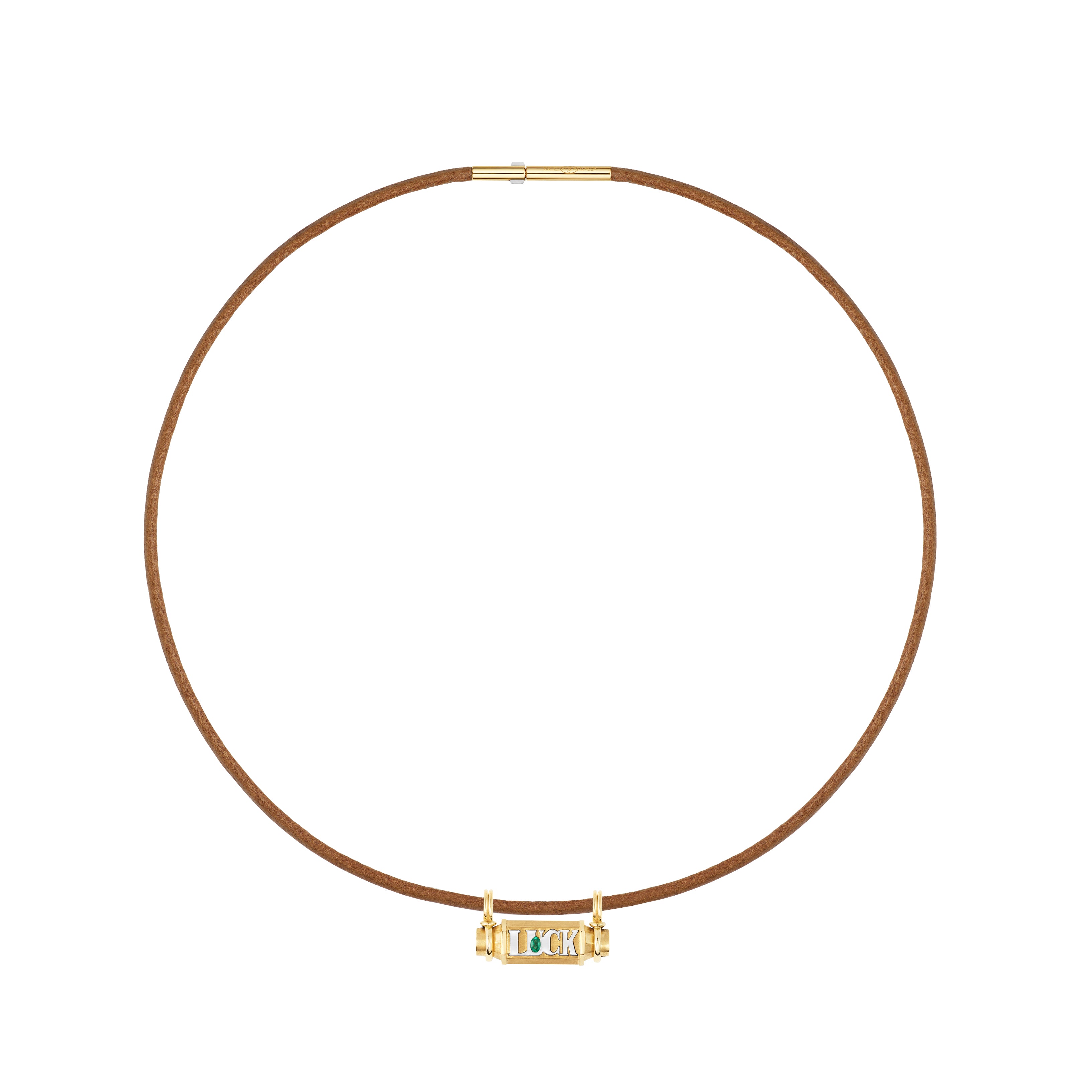 18k yellow gold emerald luck smash locket leather cord necklace by Marie Lichtenberg Tiny Gods