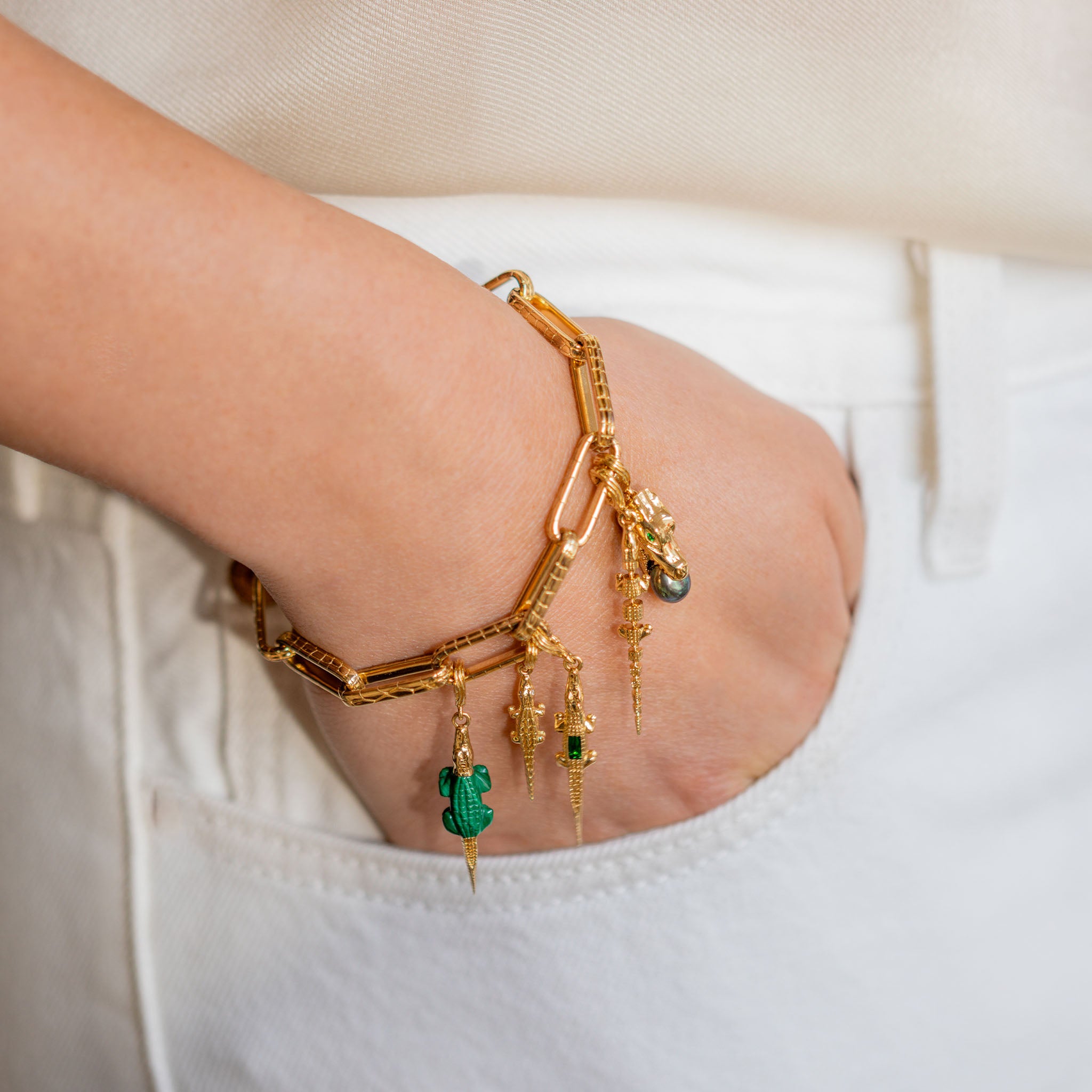 18k yellow gold malachite alligator bestiary collection charm pendant by Bibi Van Der Velden Tiny Gods