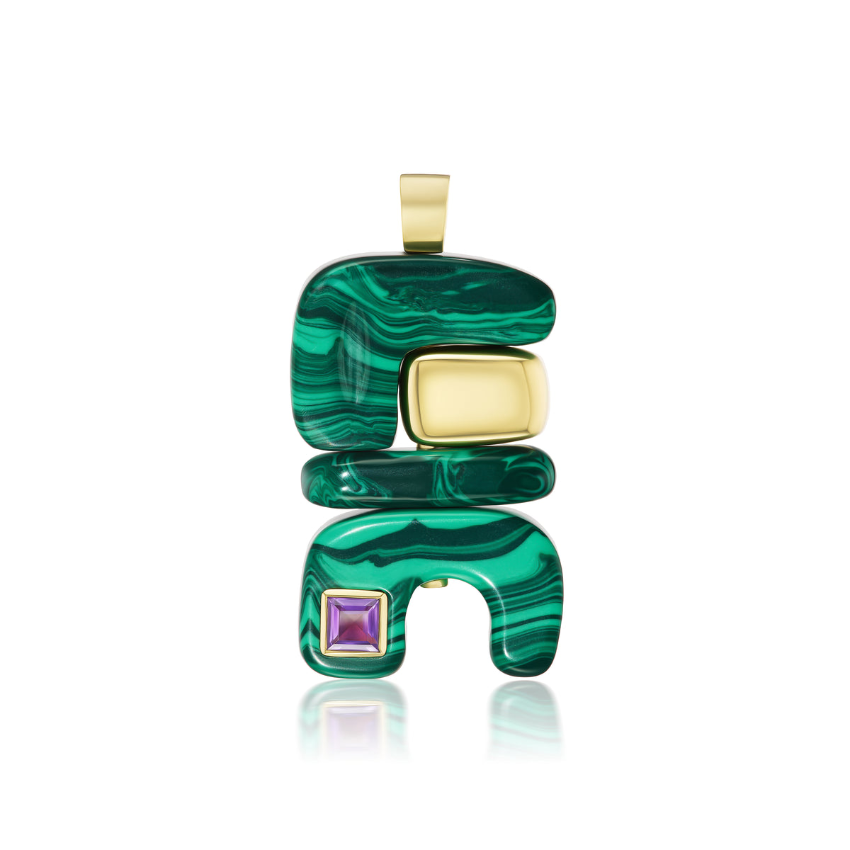 18k yellow gold malachite totem pendant with amethyst element by Joelle Kharrat Tiny Gods 