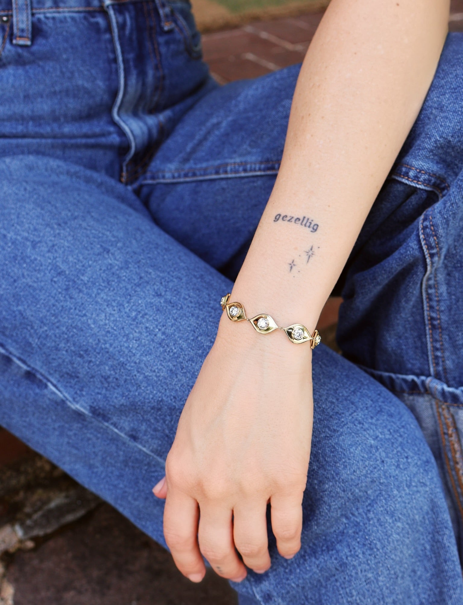 18k yellow gold round brilliant cut diamond marquis evil eye link bracelet Tiny Gods 
