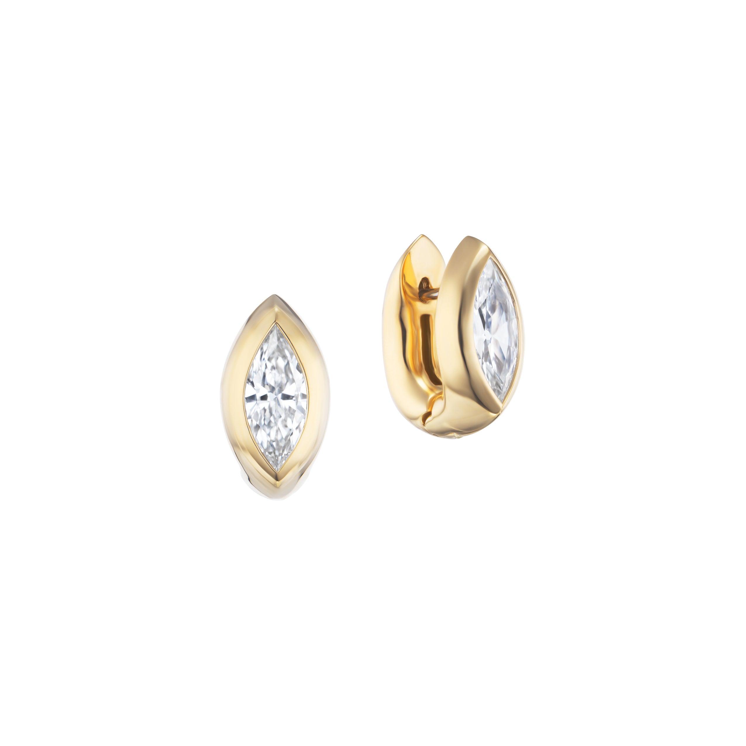 18k yellow gold marquis 1.5cts bezel set stud huggie earrings by Uniform Object Tiny Gods 