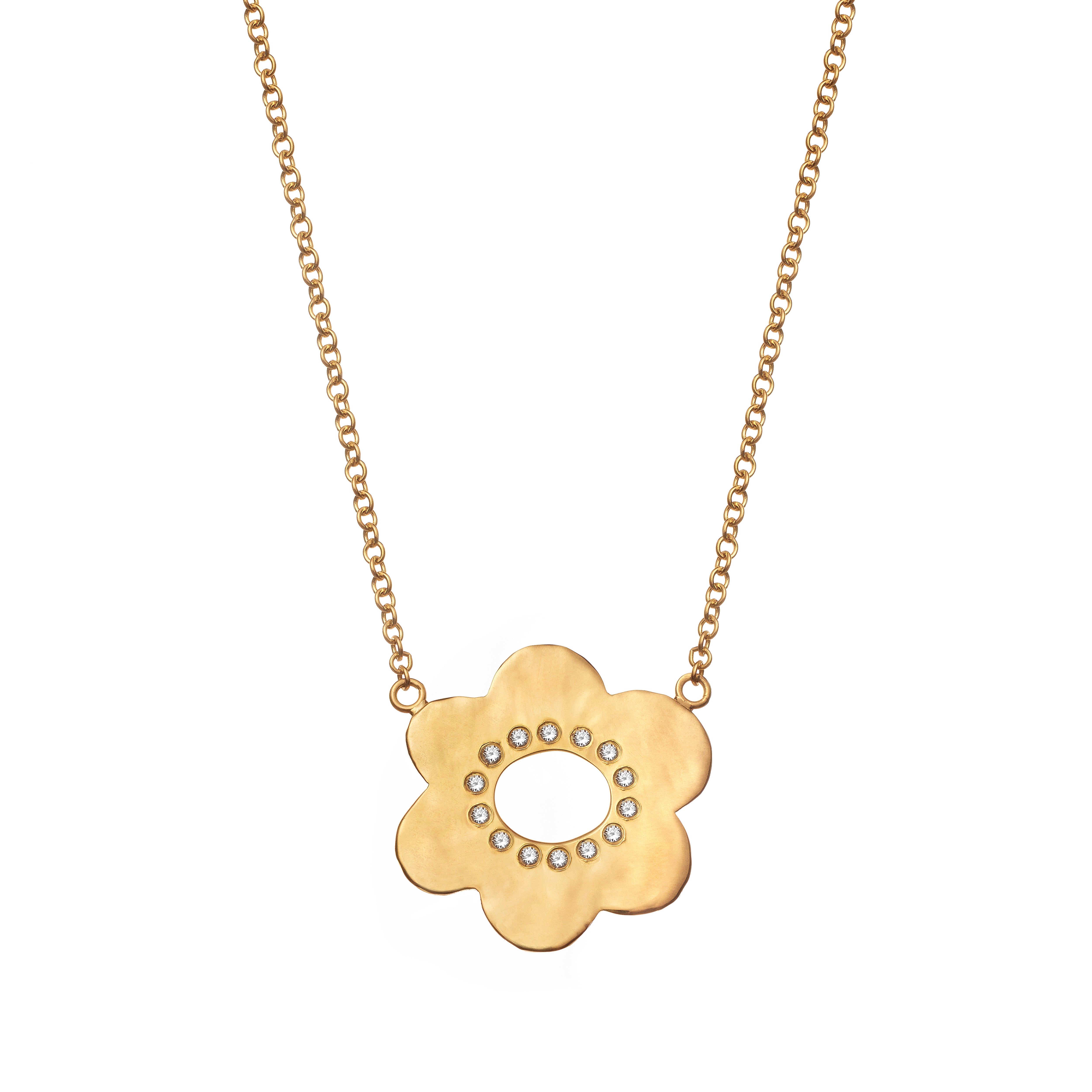 18k yellow gold medium diamond daisy flower pendant necklace by Christina Alexiou Tiny Gods 