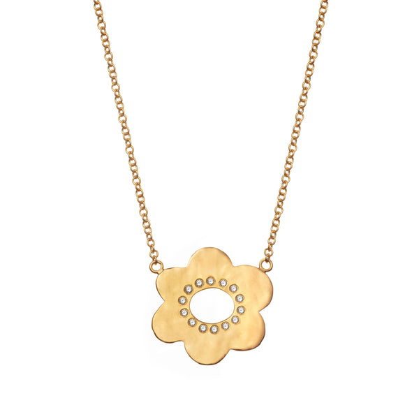 18k yellow gold medium diamond daisy flower pendant necklace by Christina Alexiou Tiny Gods 