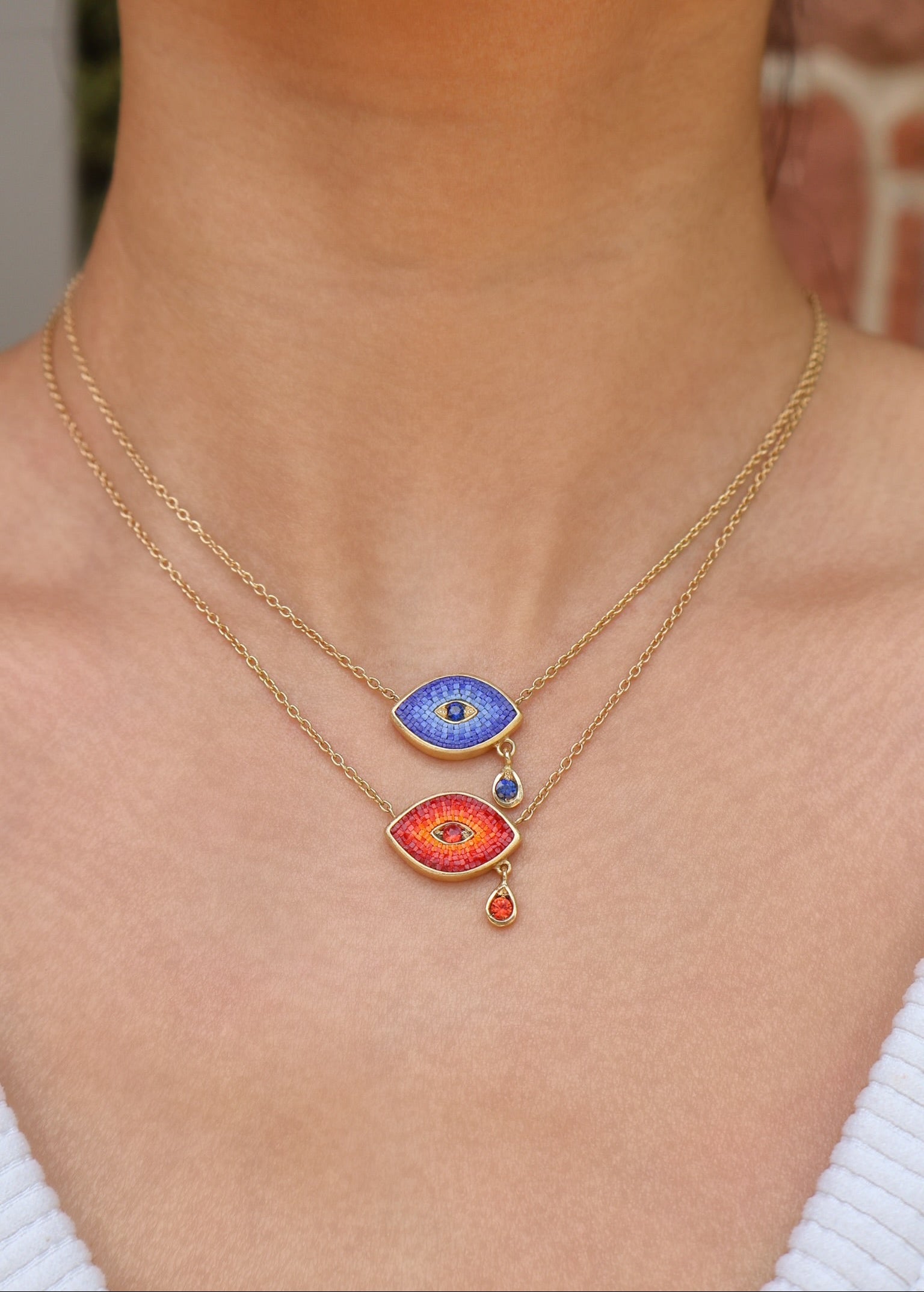 18k yellow gold red orange ombre sapphire evil eye pendant by Le Sibille Tiny Gods 