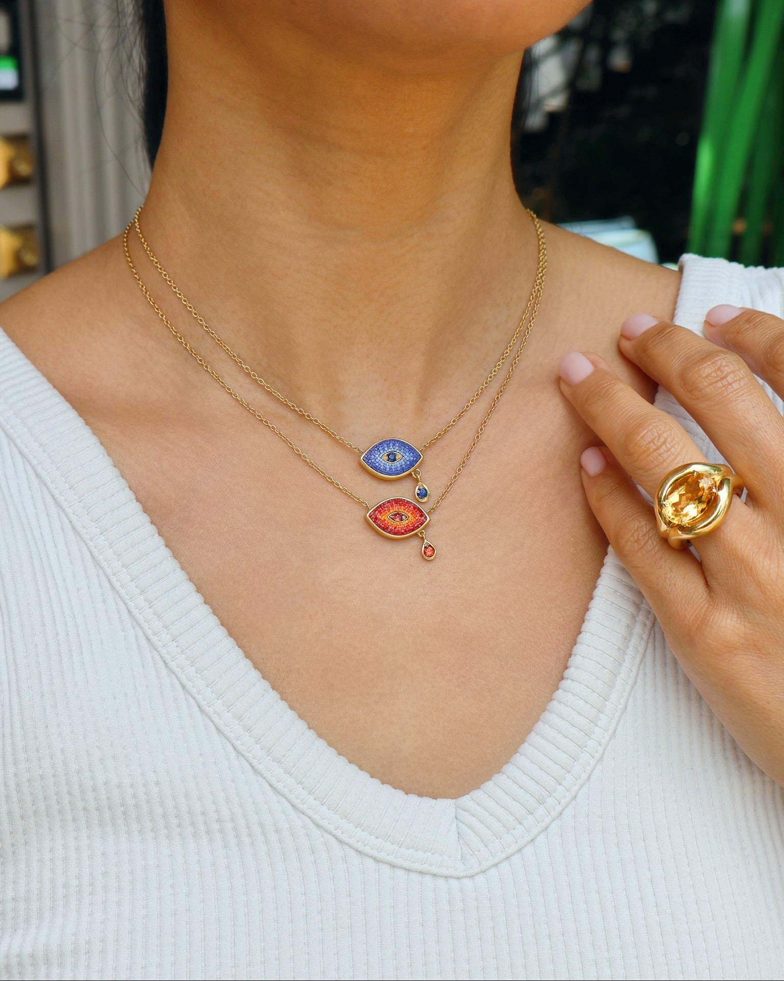 18k yellow gold red orange ombre sapphire evil eye pendant by Le Sibille Tiny Gods 