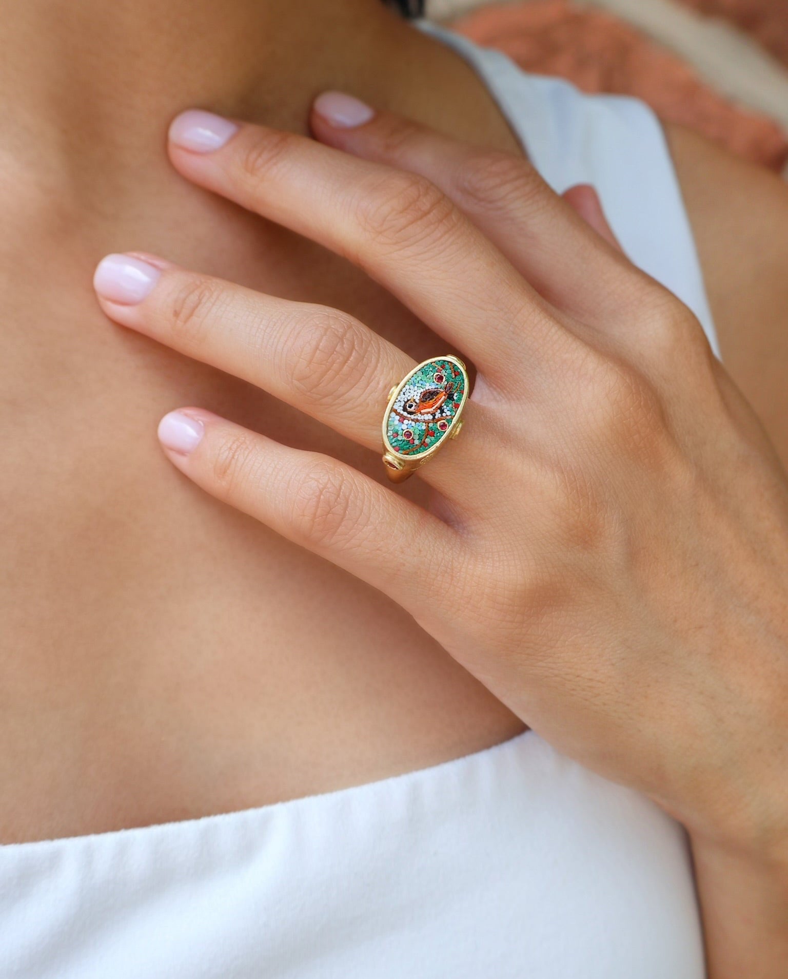 18k yellow gold bird micro mosaic ring by Le Sibille Tiny Gods 