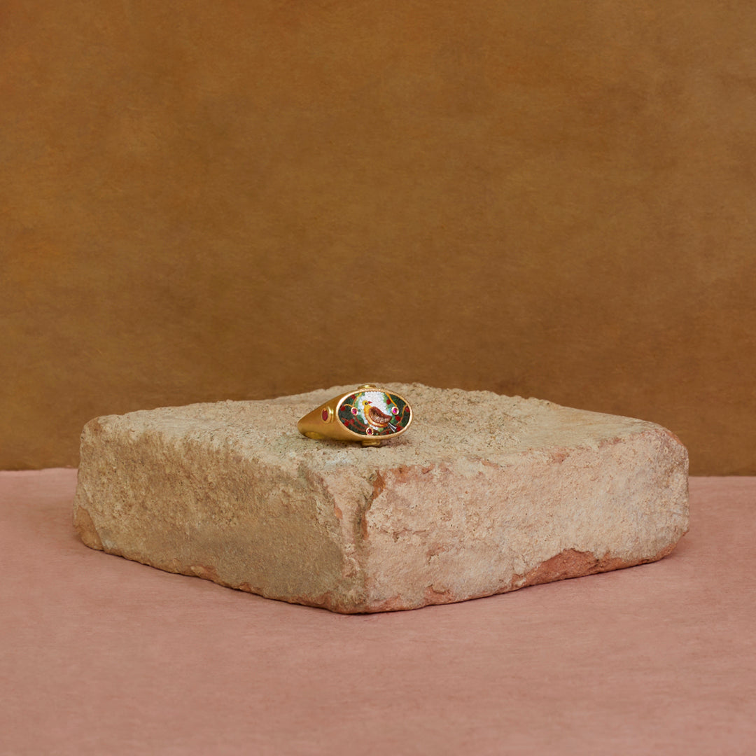18k yellow gold bird micro mosaic ring by Le Sibille Tiny Gods 
