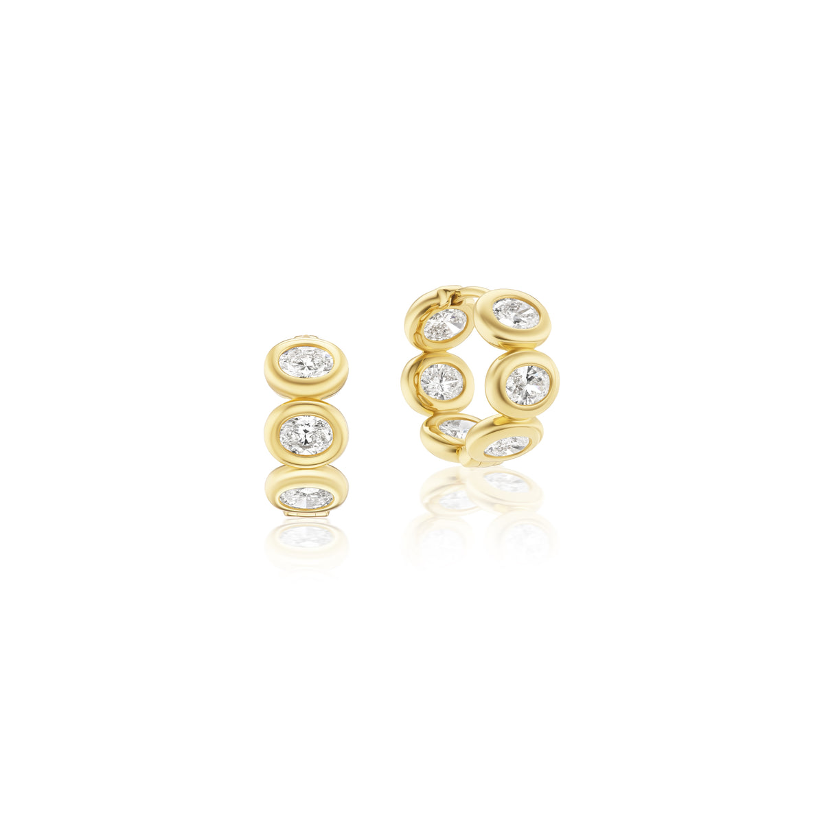 18k yellow gold oval diamond bezel hoop earrings by Ruchi Tiny Gods
