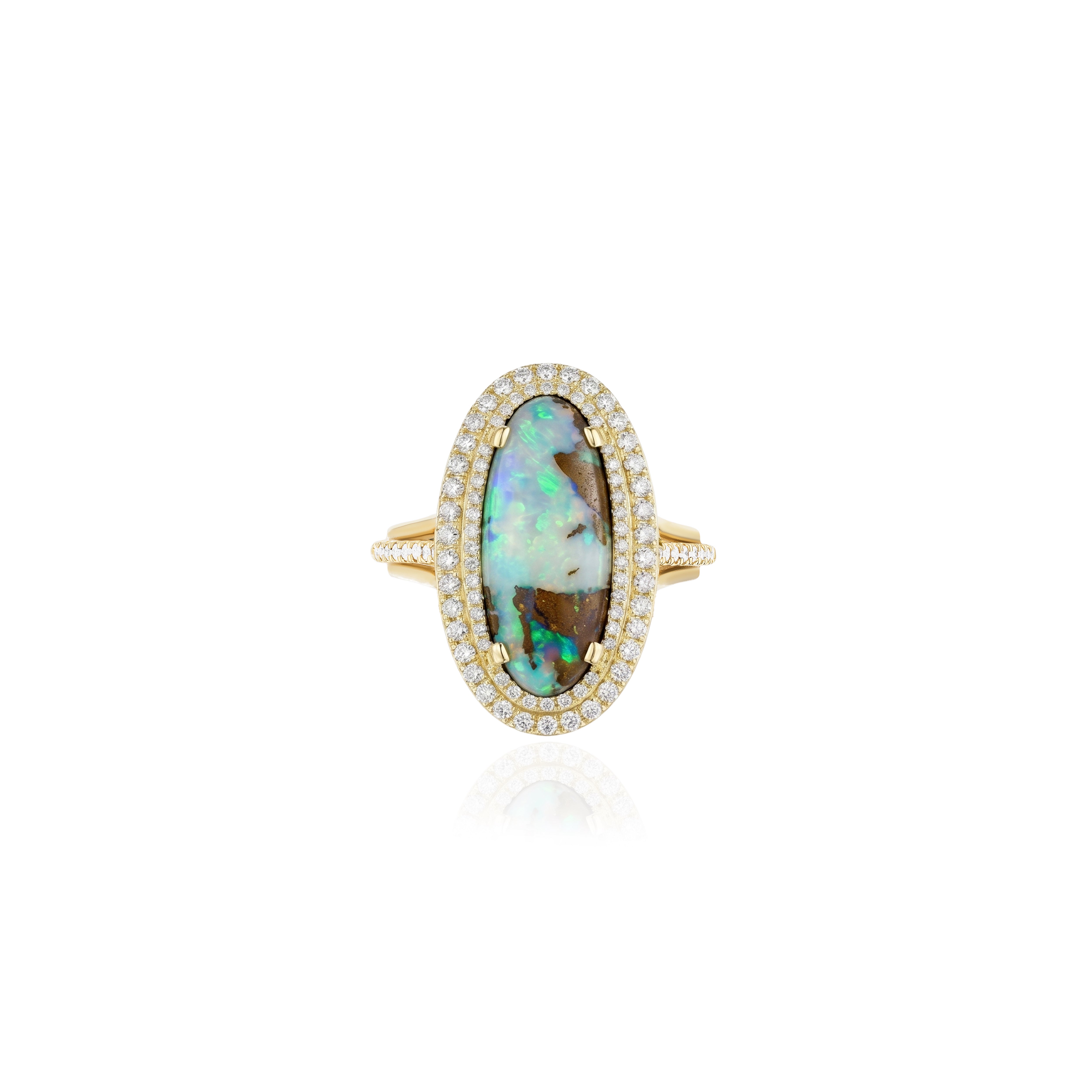 18k yellow gold double diamond bezel oval brown opal solitaire ring by Goshwara Tiny Gods 