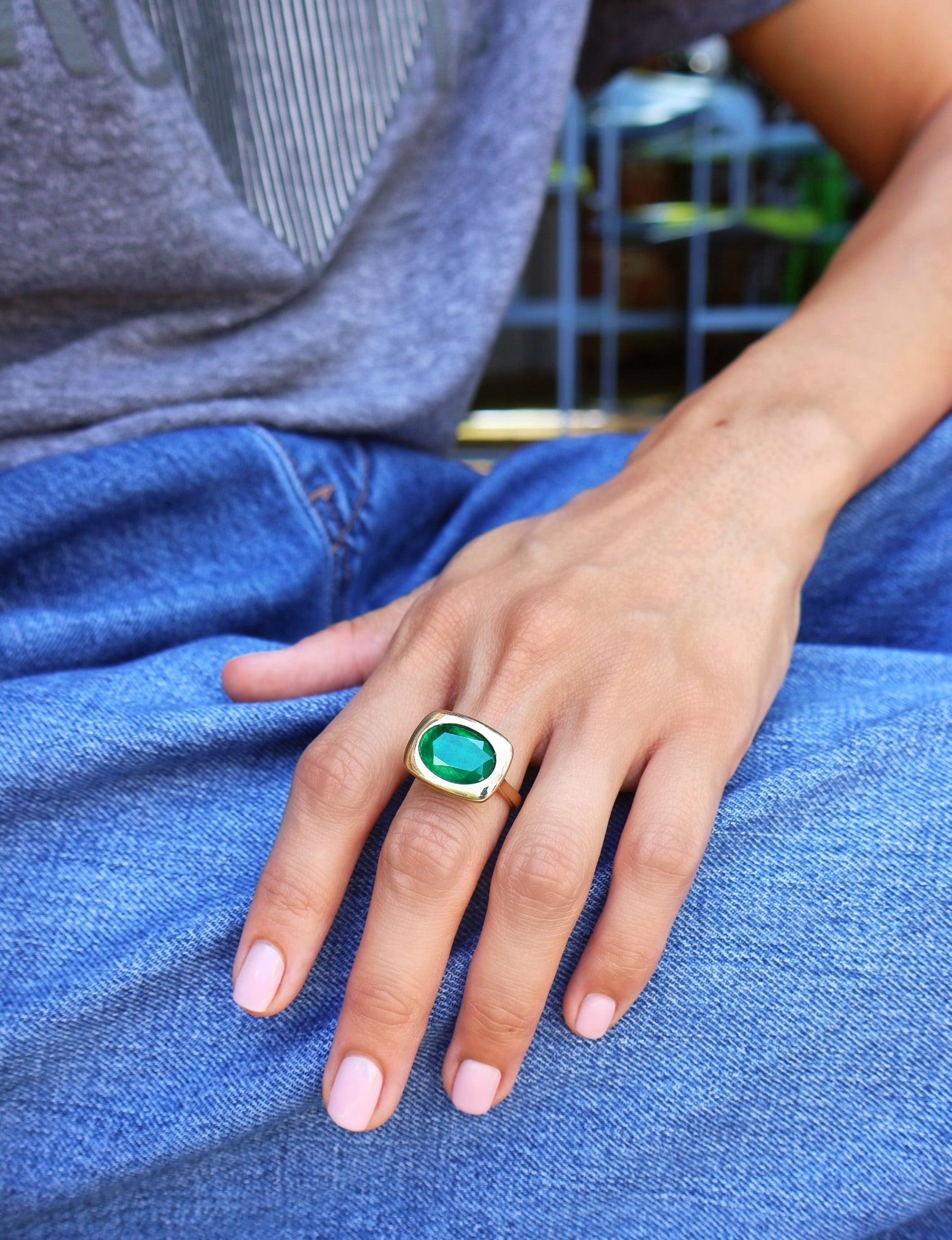 18k yellow gold oval emerald rectangular square bezel setting solitaire ring by Goshwara Tiny Gods 
