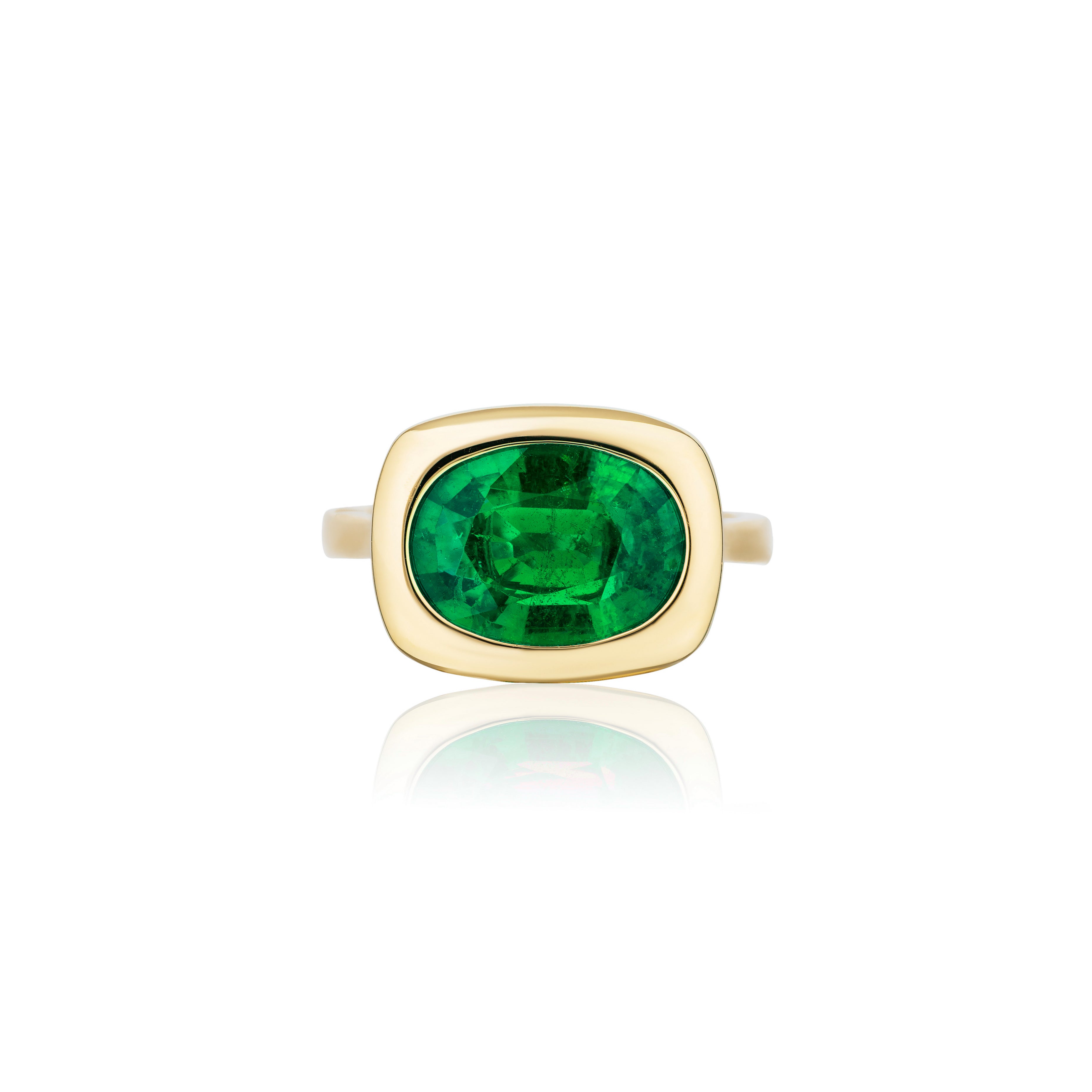 18k yellow gold oval emerald rectangular square bezel setting solitaire ring by Goshwara Tiny Gods 