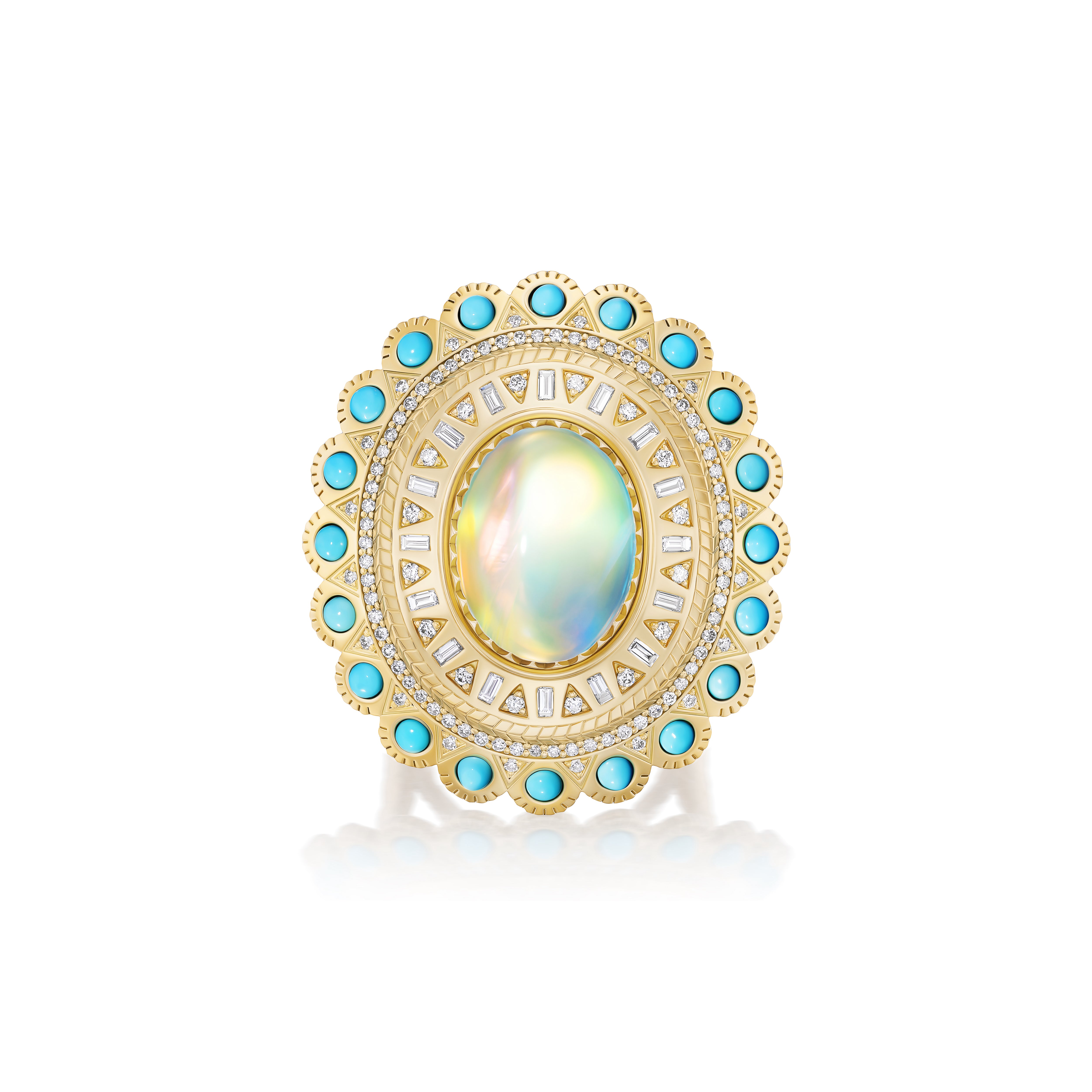18k yellow gold oval opal turquoise diamond concho statement ring by Harwell Godfrey Tiny Gods 