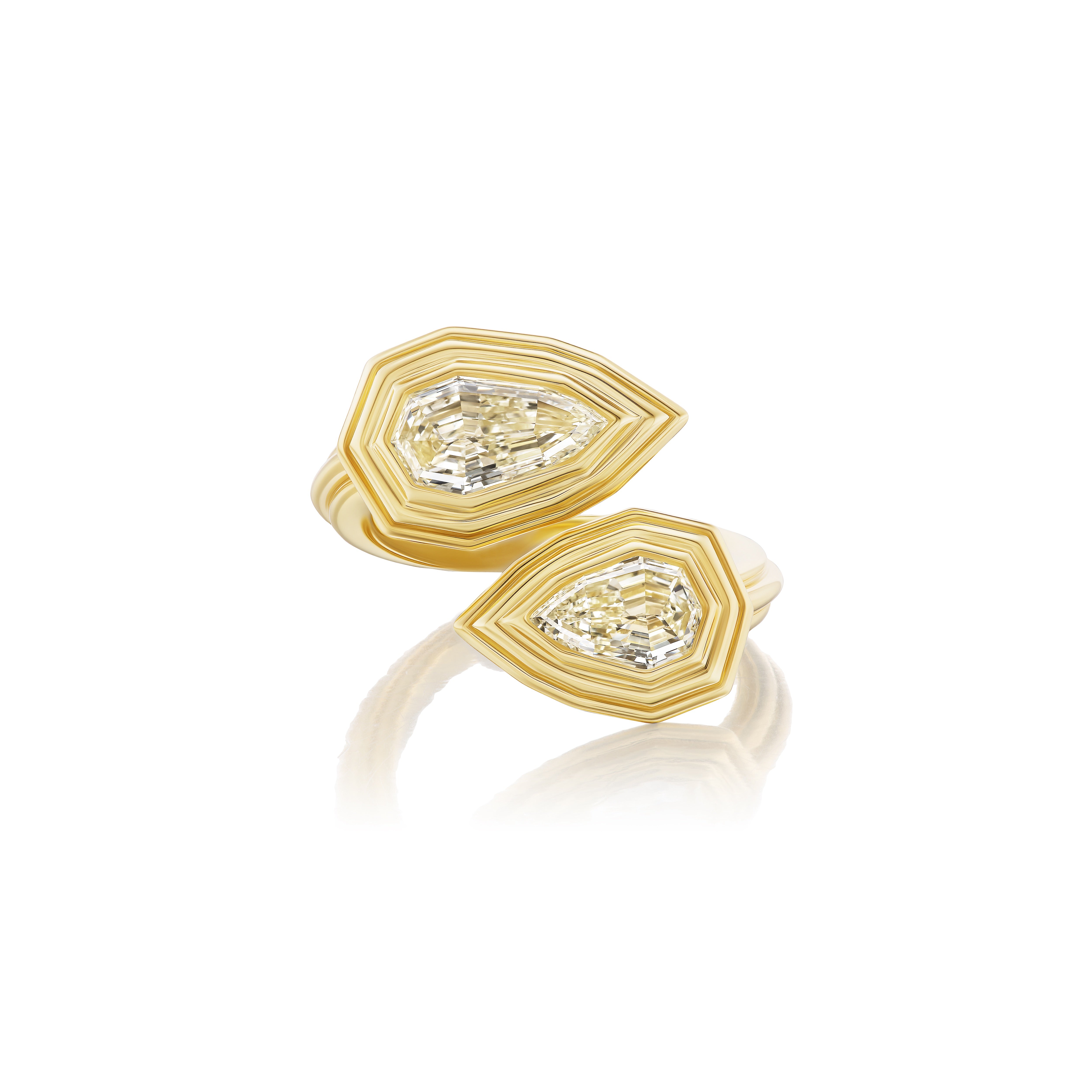 18k yellow gold double pear cut diamond bezel set bypass toi et moi ring Tiny Gods 
