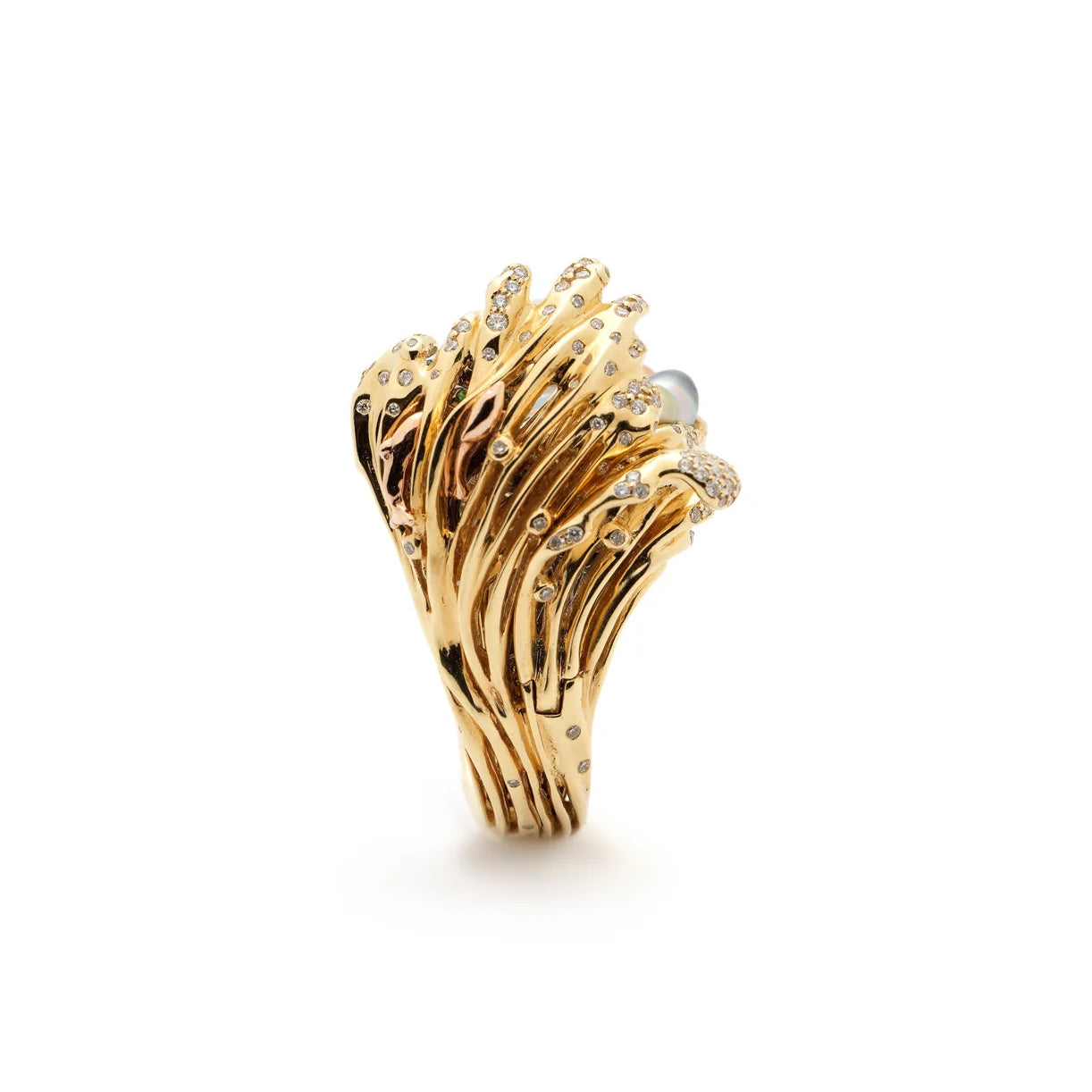 18k yellow gold pearl rock crystal diamond pool wave ring by Bibi van der Velden Tiny Gods
