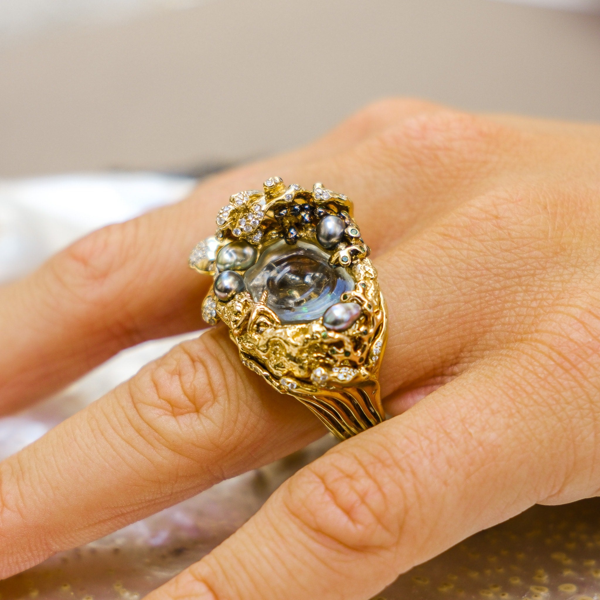 18k yellow gold pearl rock crystal diamond pool wave ring by Bibi van der Velden Tiny Gods