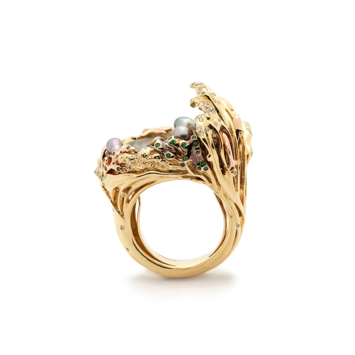 18k yellow gold pearl rock crystal diamond pool wave ring by Bibi van der Velden Tiny Gods