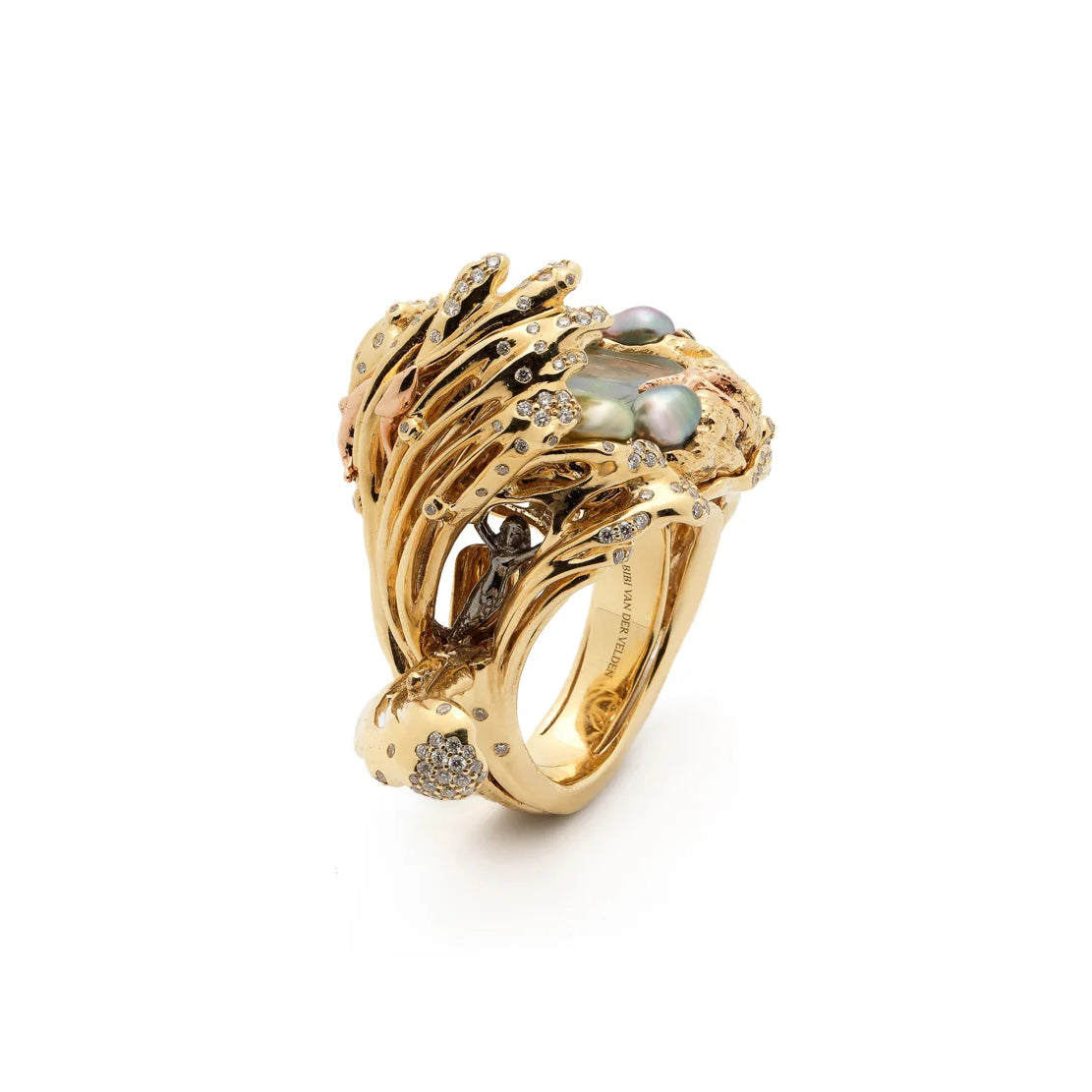 18k yellow gold pearl rock crystal diamond pool wave ring by Bibi van der Velden Tiny Gods