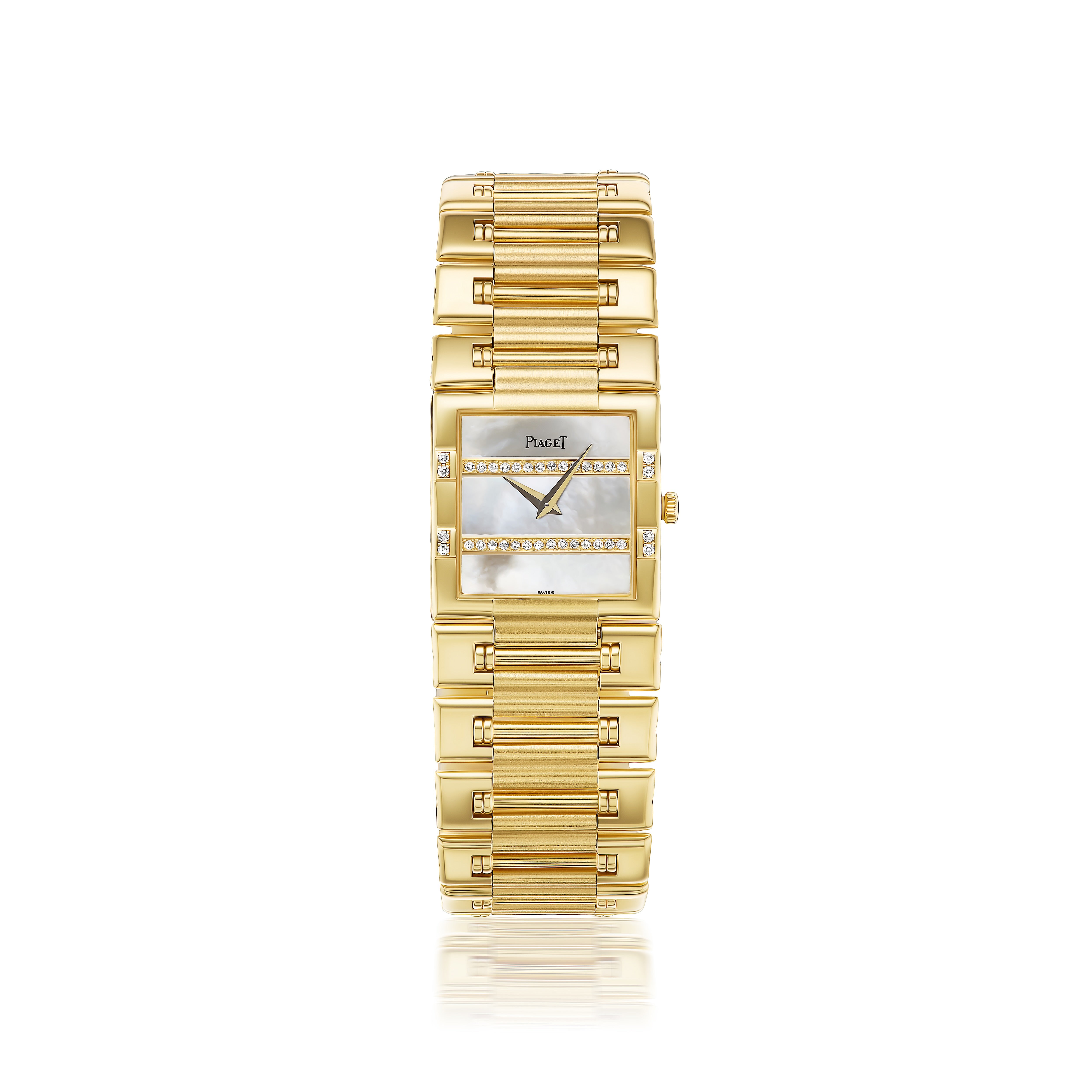 18k yellow gold mother of pearl and diamond Paiget dancer bracelet watch circa 1990's vintage Tiny Gods 
