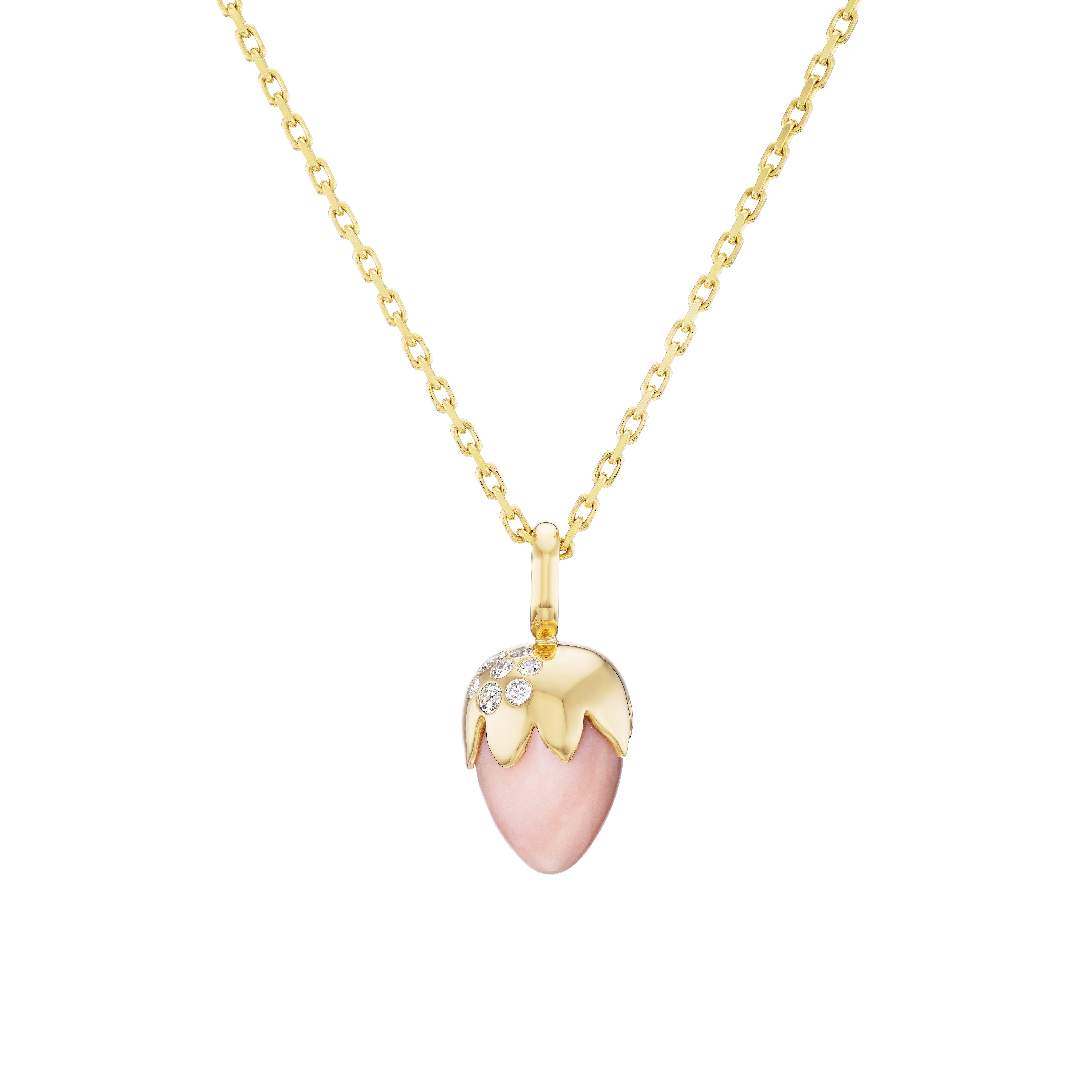 18k yellow gold pink opal strawberry pendant with burnished white diamonds charm on chain link necklace by Uniform Object Tiny Gods 